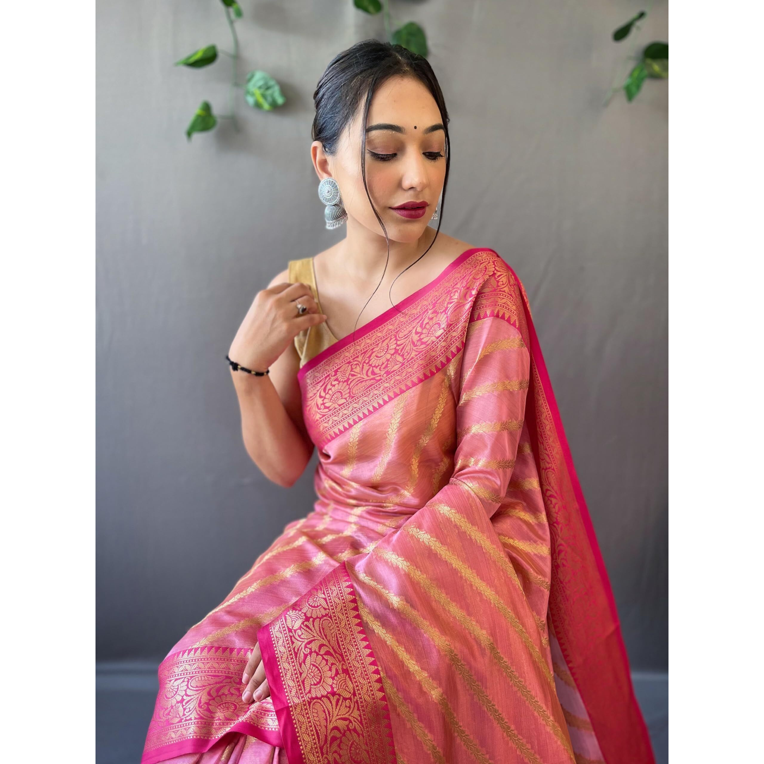 SGF11 Womens Organza Kanjivaram Pure Soft Silk Handloom Saree Pure Golden Zari With Blouse Piece