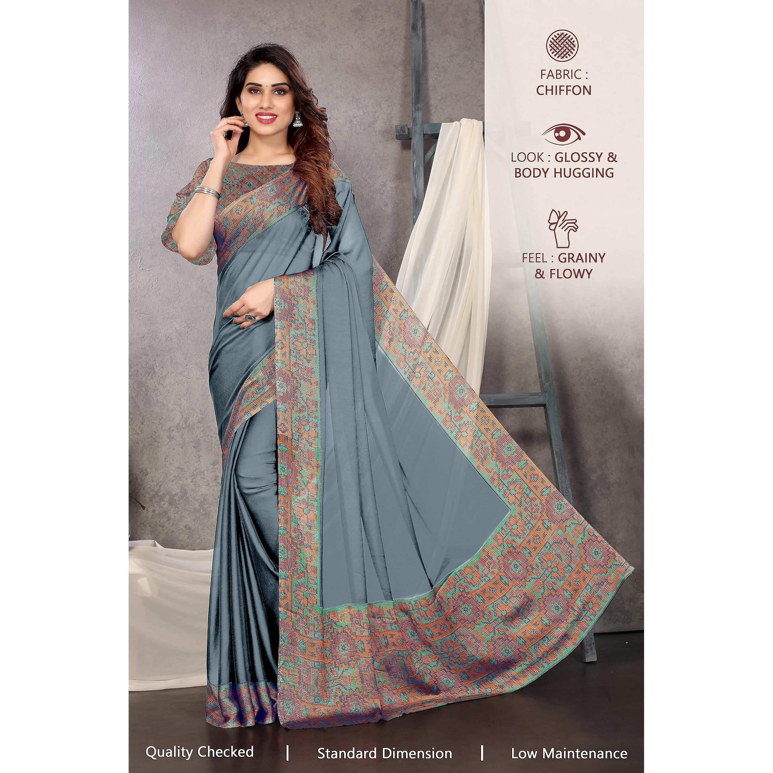 MIRCHI FASHION Womens Plain Weave Chiffon Kasuti Printed Saree with Blouse Piece (36722-Grey, Multi)
