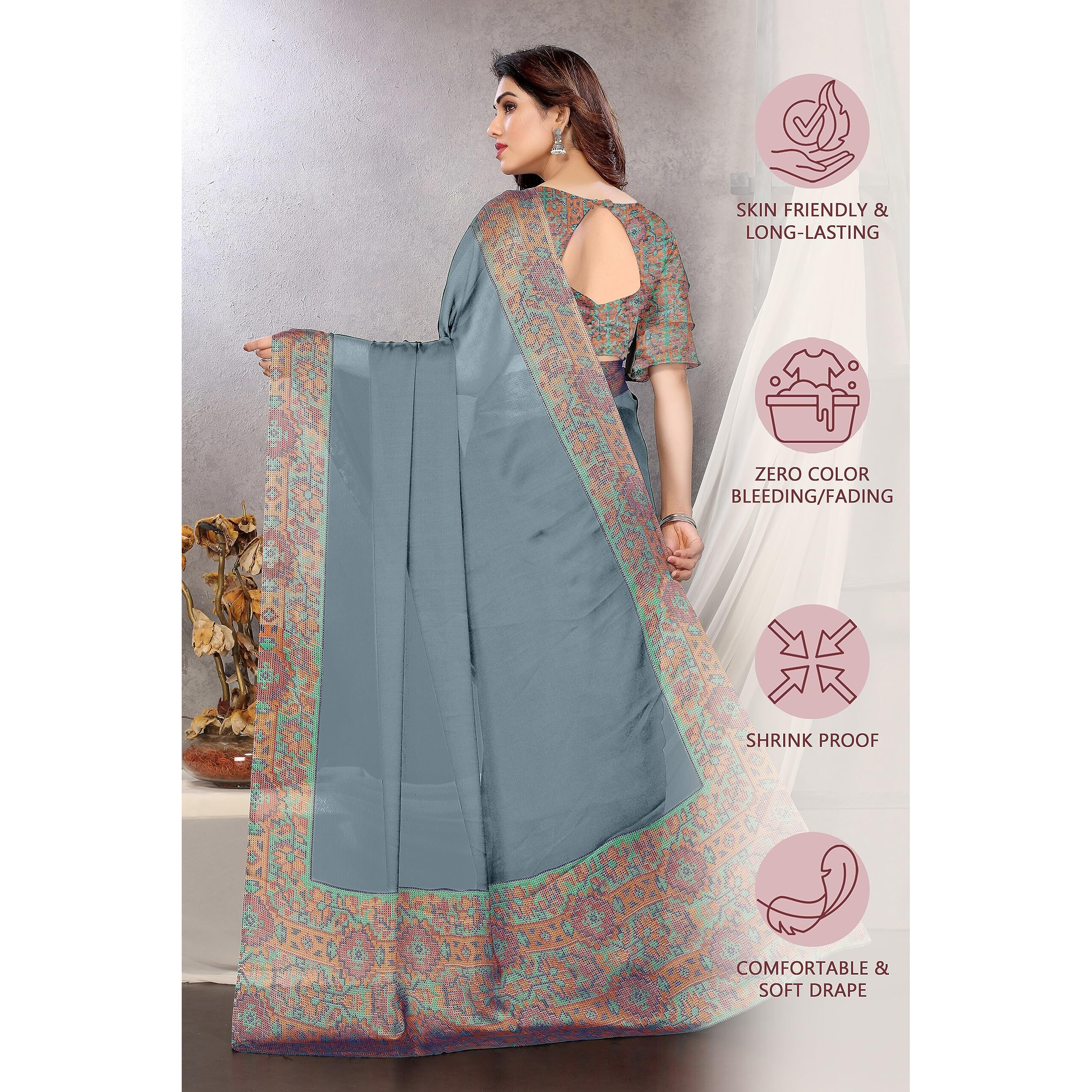MIRCHI FASHION Womens Plain Weave Chiffon Kasuti Printed Saree with Blouse Piece (36722-Grey, Multi)