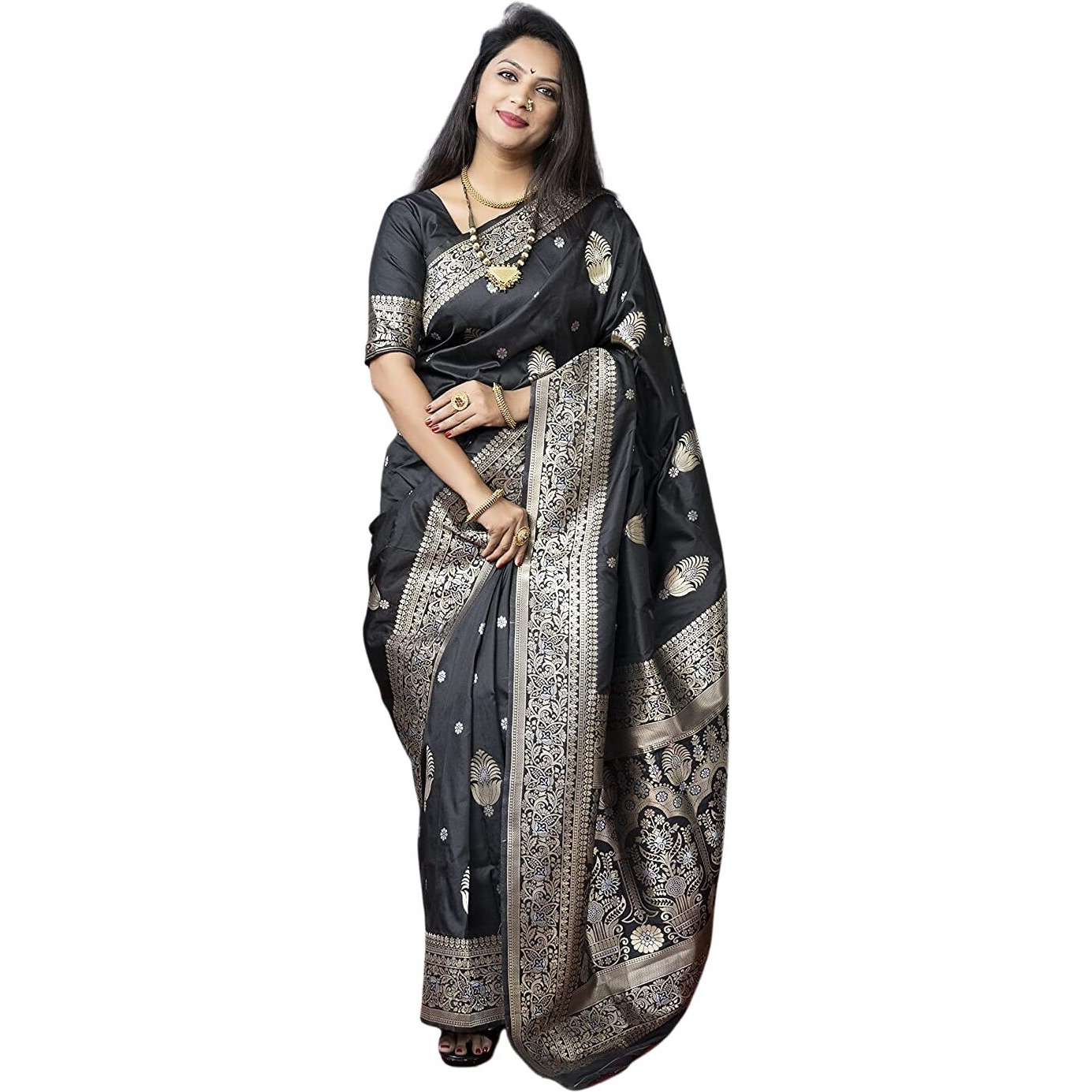 SGF11- Womens Kanjivaram Pure Soft Silk Handloom Saree Pure Golden Zari With Blouse Piece (Black)