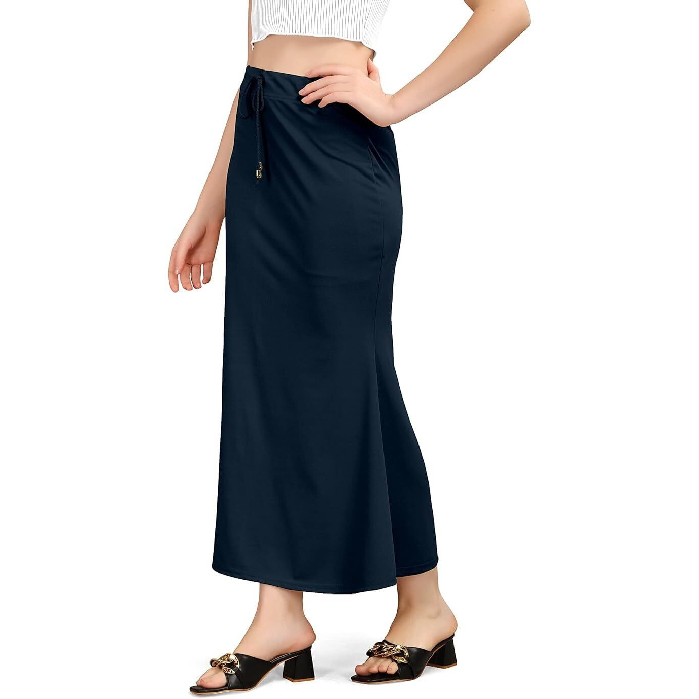 WOO THING Lycra Fishcut Saree Shapewear Stretchable Petticoat for Women Shapewear Dress for Saree (Free Size, Nevy) Navy