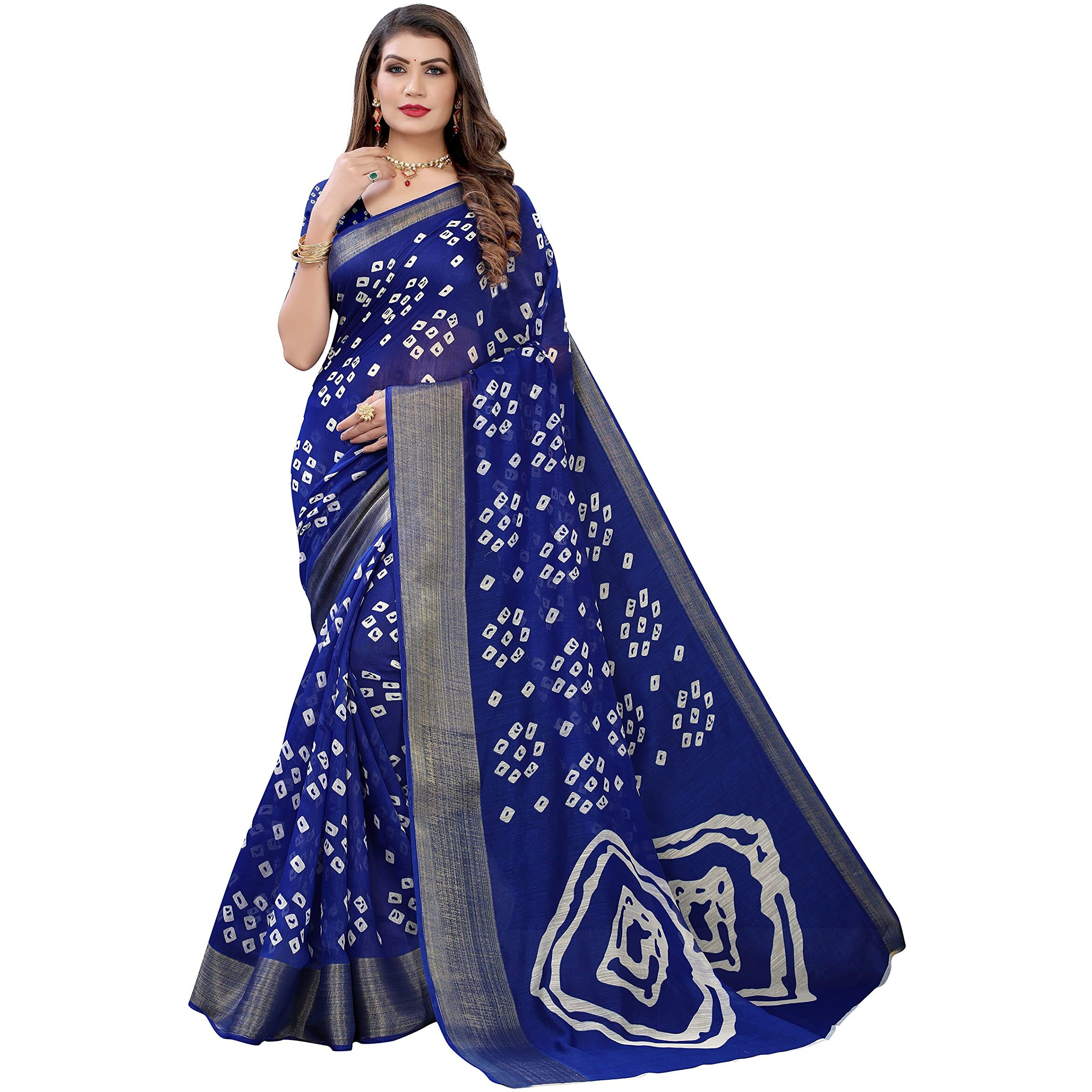 Yashika Womens Printed Linen Zari Saree With Blouse PieceRADHIKA BLUE_Free Size