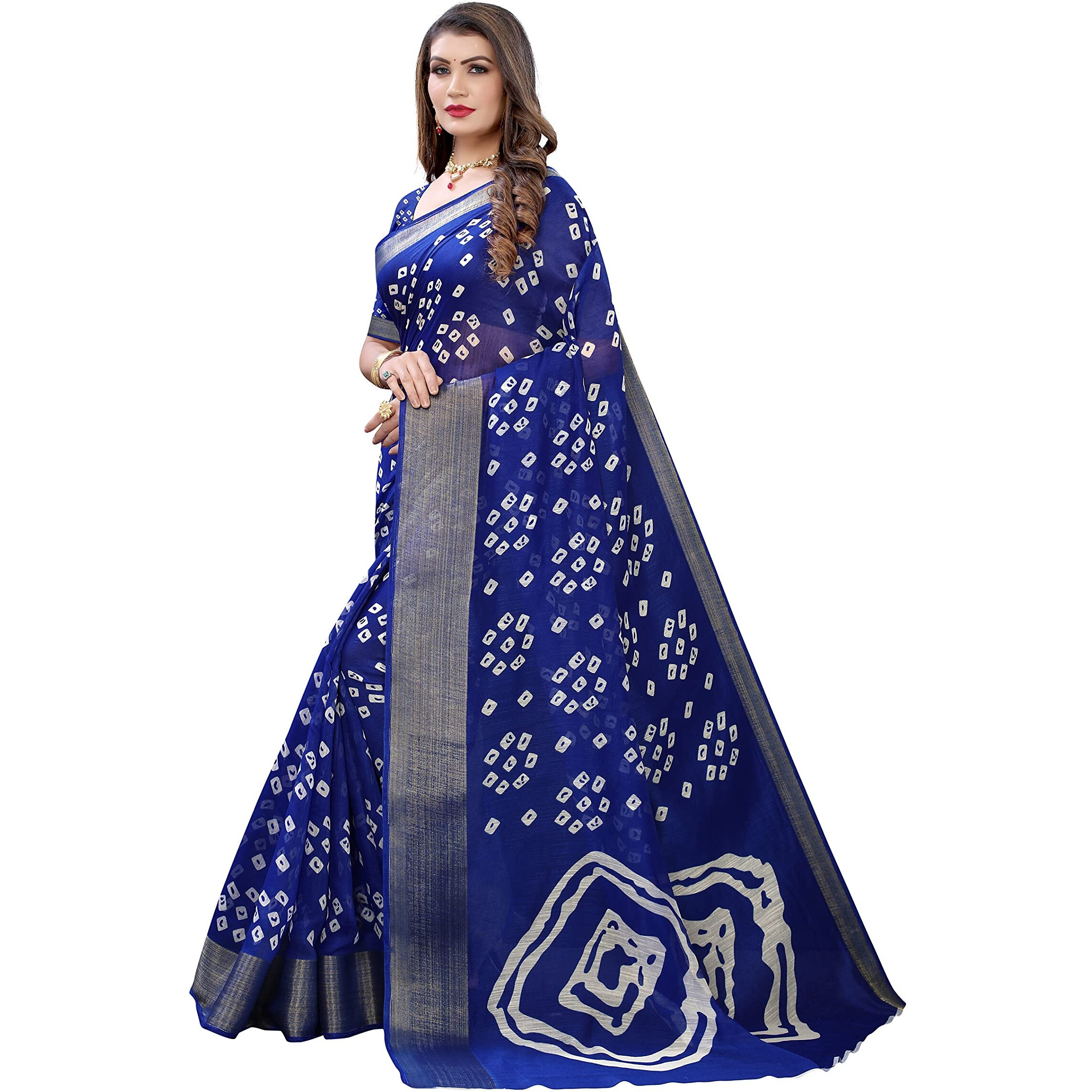 Yashika Womens Printed Linen Zari Saree With Blouse PieceRADHIKA BLUE_Free Size