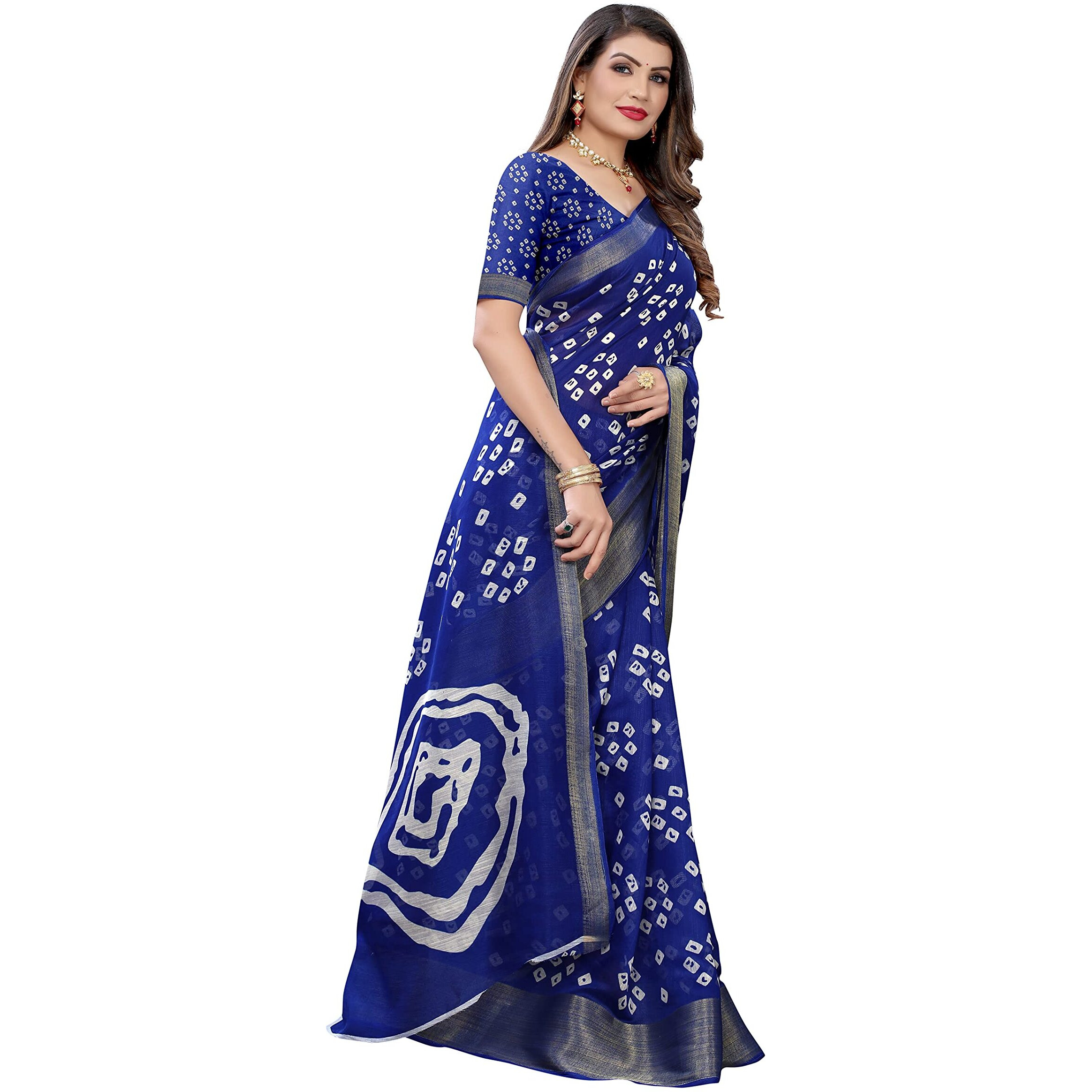 Yashika Womens Printed Linen Zari Saree With Blouse PieceRADHIKA BLUE_Free Size