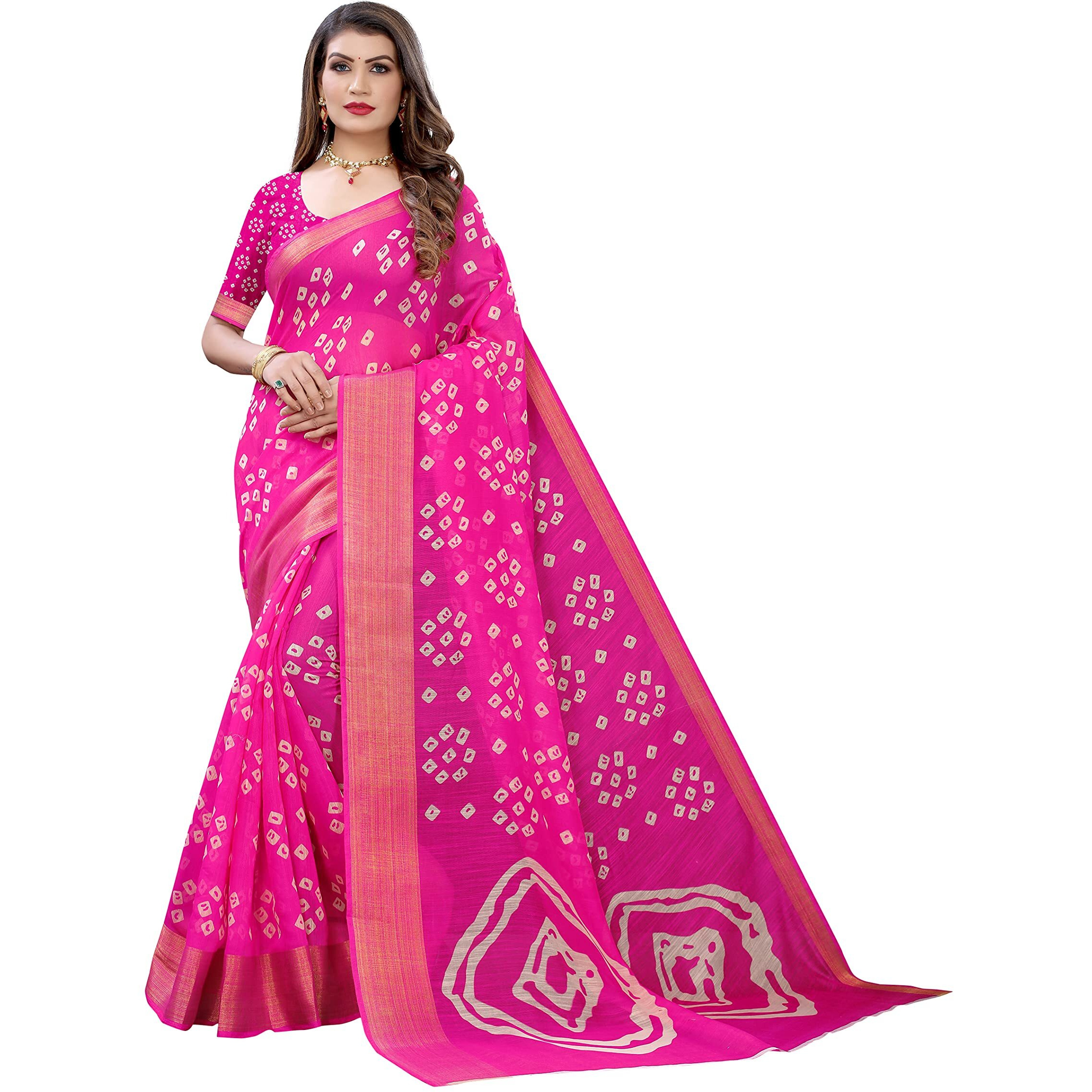 Yashika Womens Printed Linen Zari Saree With Blouse PieceRADHIKA PINK_Free Size