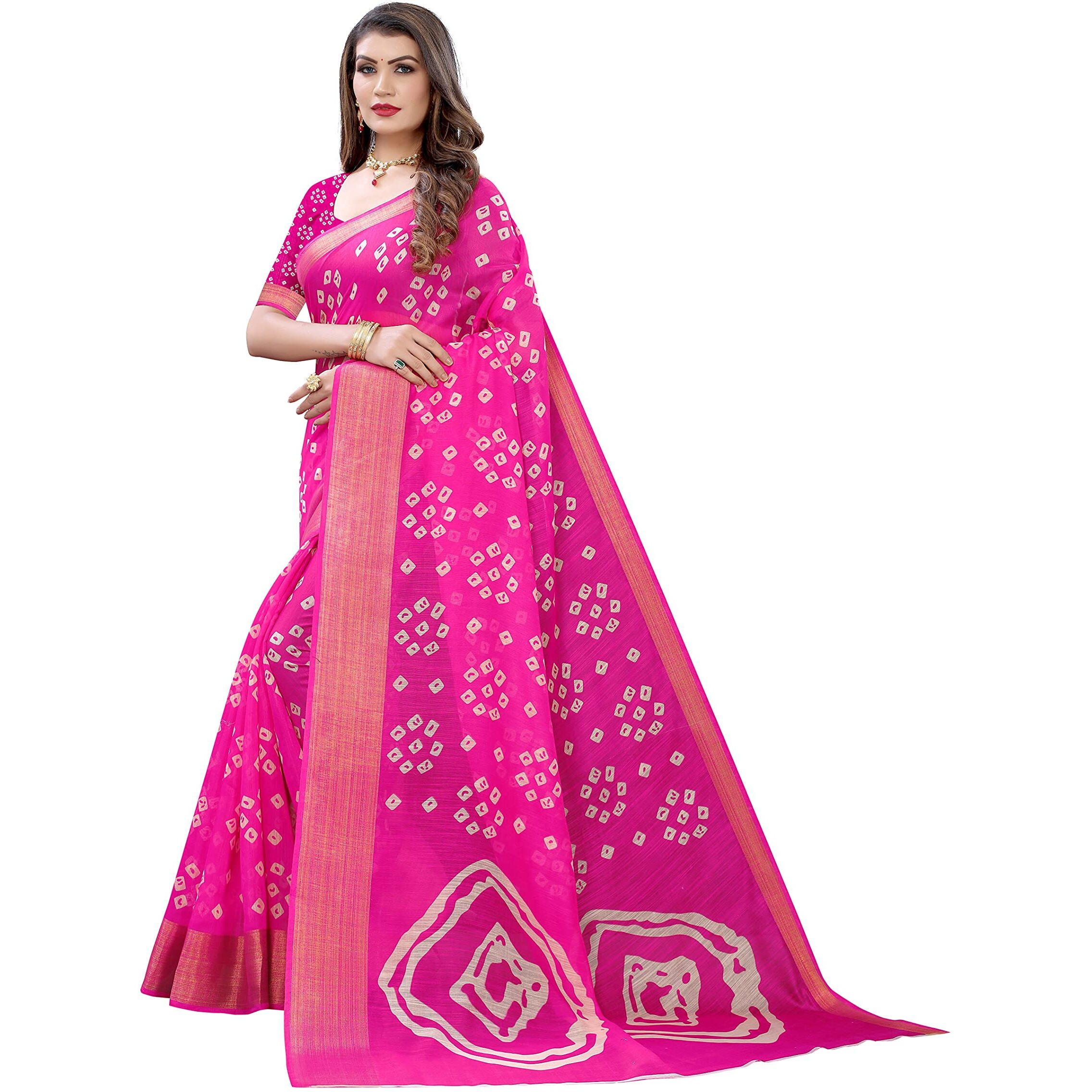 Yashika Womens Printed Linen Zari Saree With Blouse PieceRADHIKA PINK_Free Size