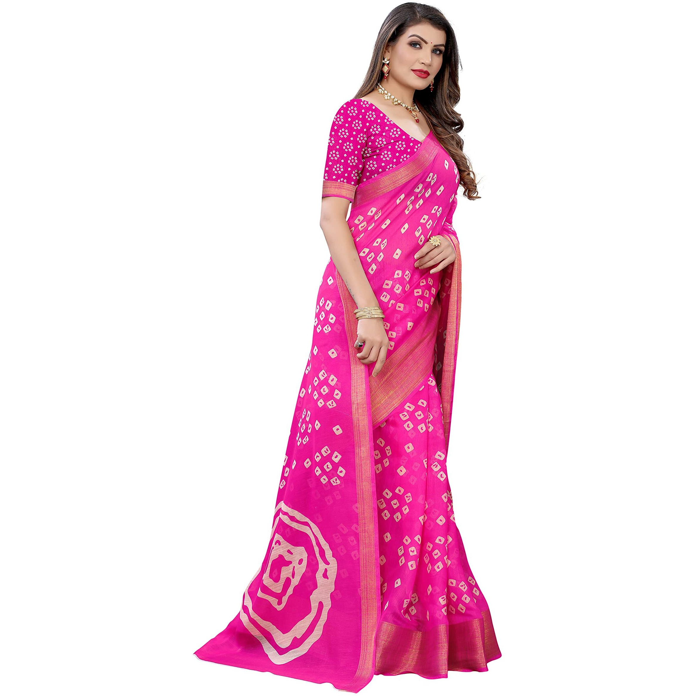 Yashika Womens Printed Linen Zari Saree With Blouse PieceRADHIKA PINK_Free Size