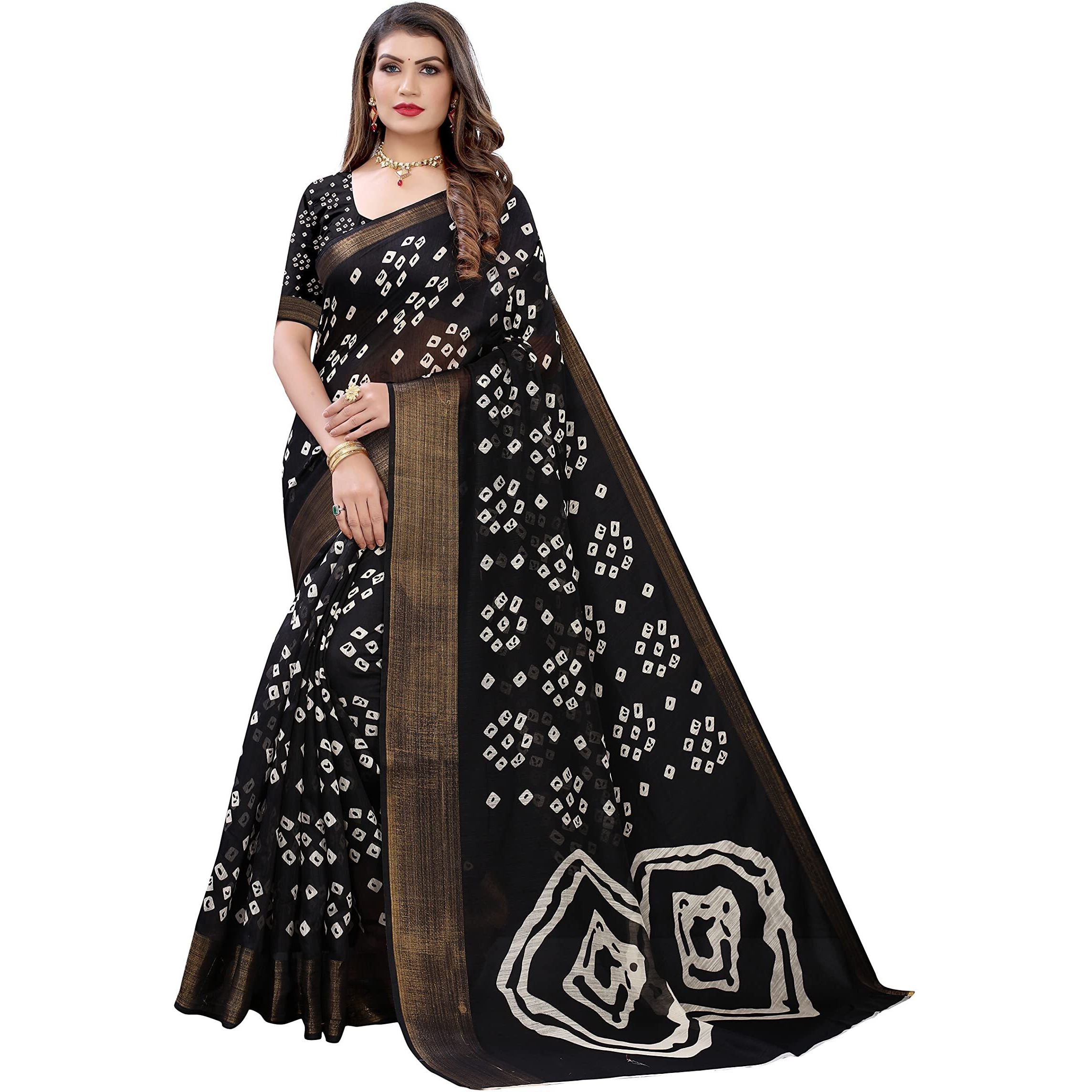 Yashika Womens Printed Linen Zari Saree With Blouse PieceRADHIKA BLACK_Free Size
