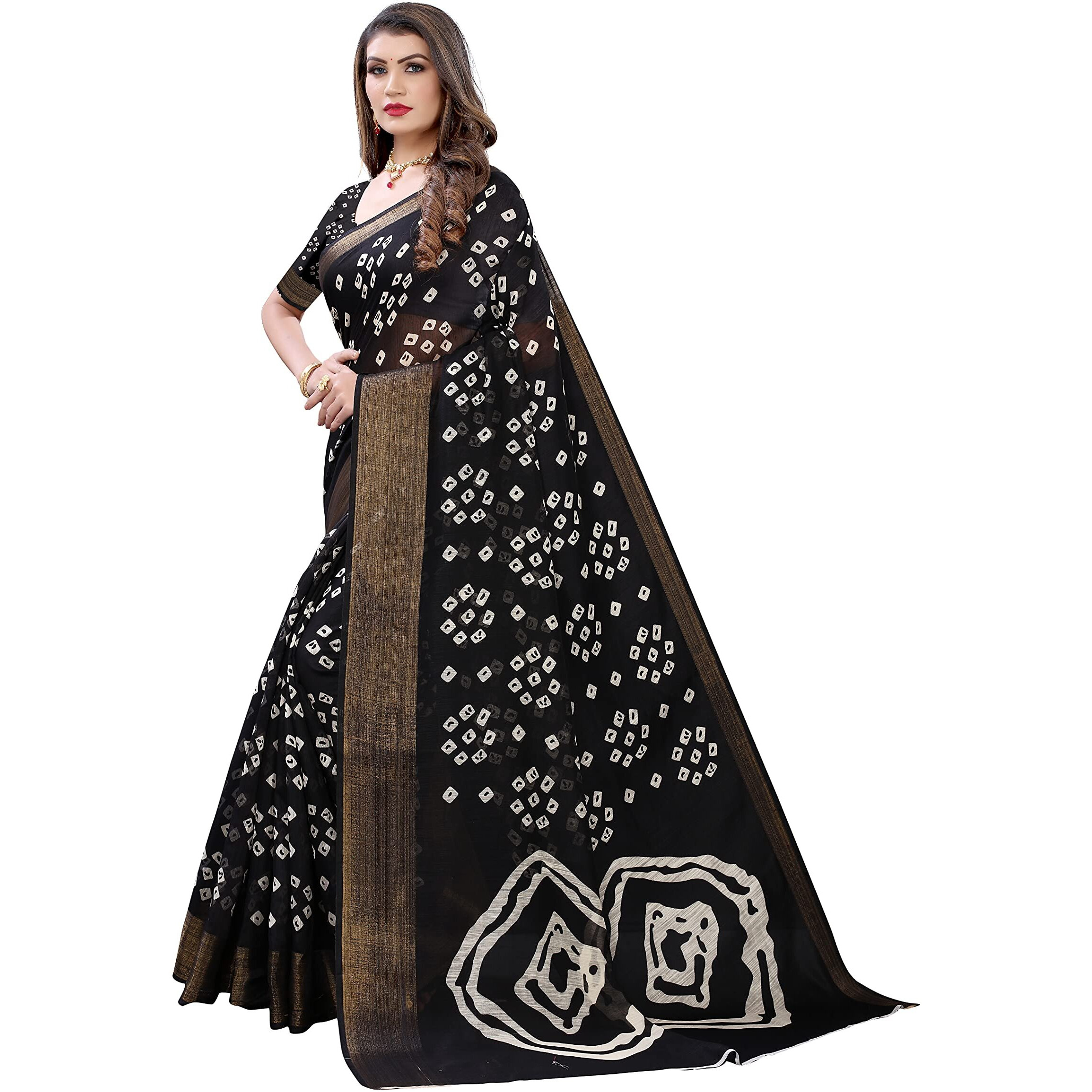 Yashika Womens Printed Linen Zari Saree With Blouse PieceRADHIKA BLACK_Free Size
