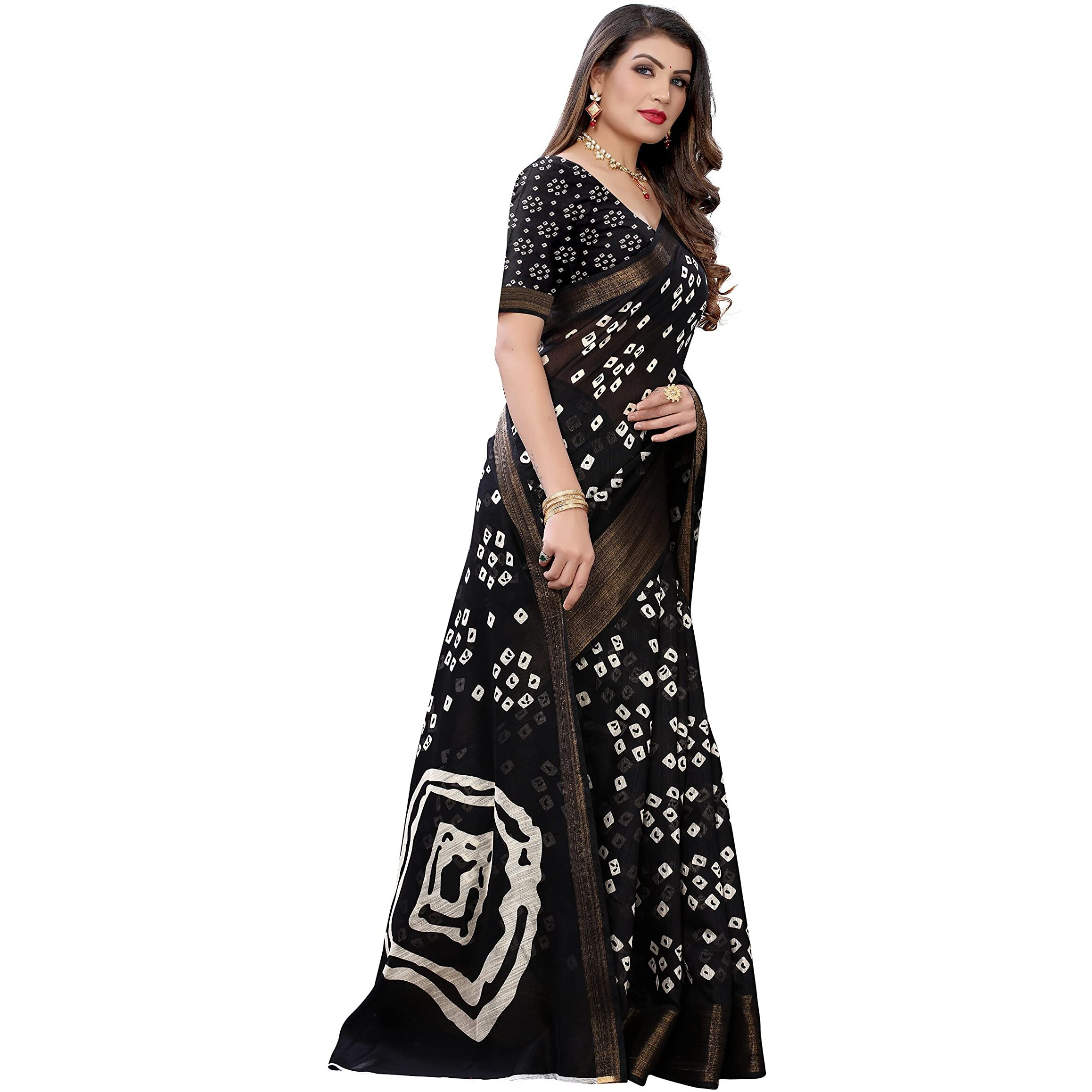 Yashika Womens Printed Linen Zari Saree With Blouse PieceRADHIKA BLACK_Free Size