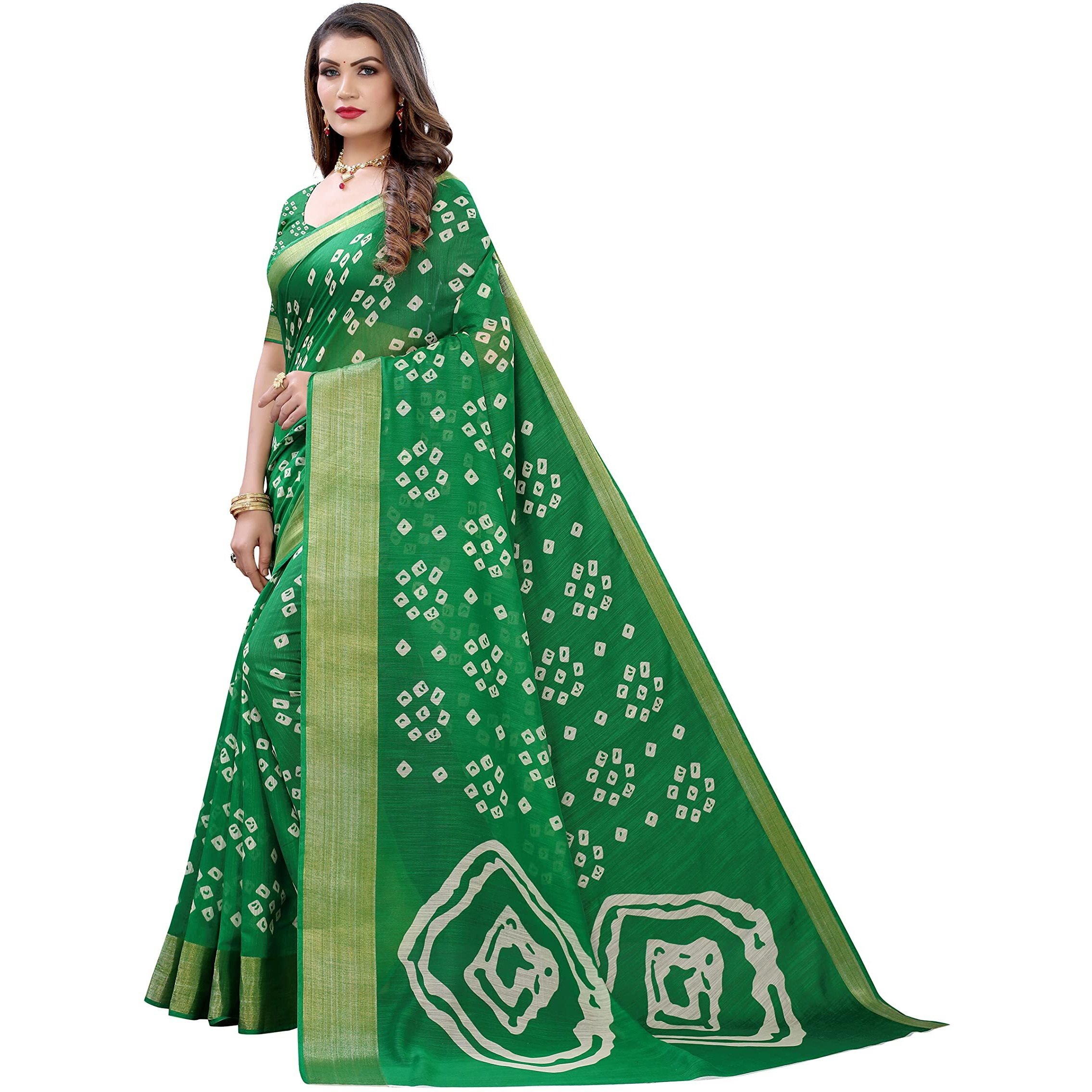 Yashika Womens Printed Linen Zari Saree With Blouse PieceRADHIKA GREEN_Free Size