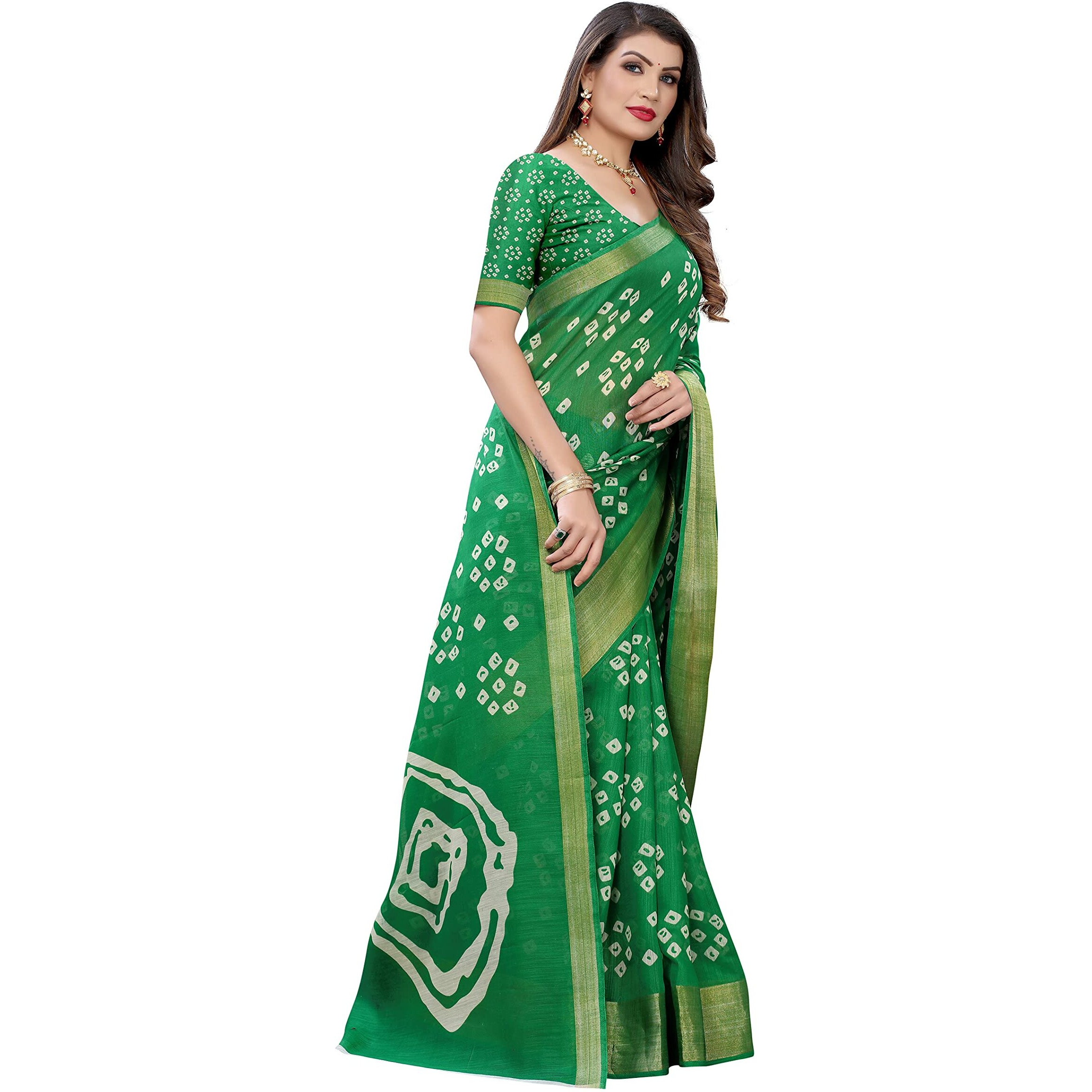 Yashika Womens Printed Linen Zari Saree With Blouse PieceRADHIKA GREEN_Free Size