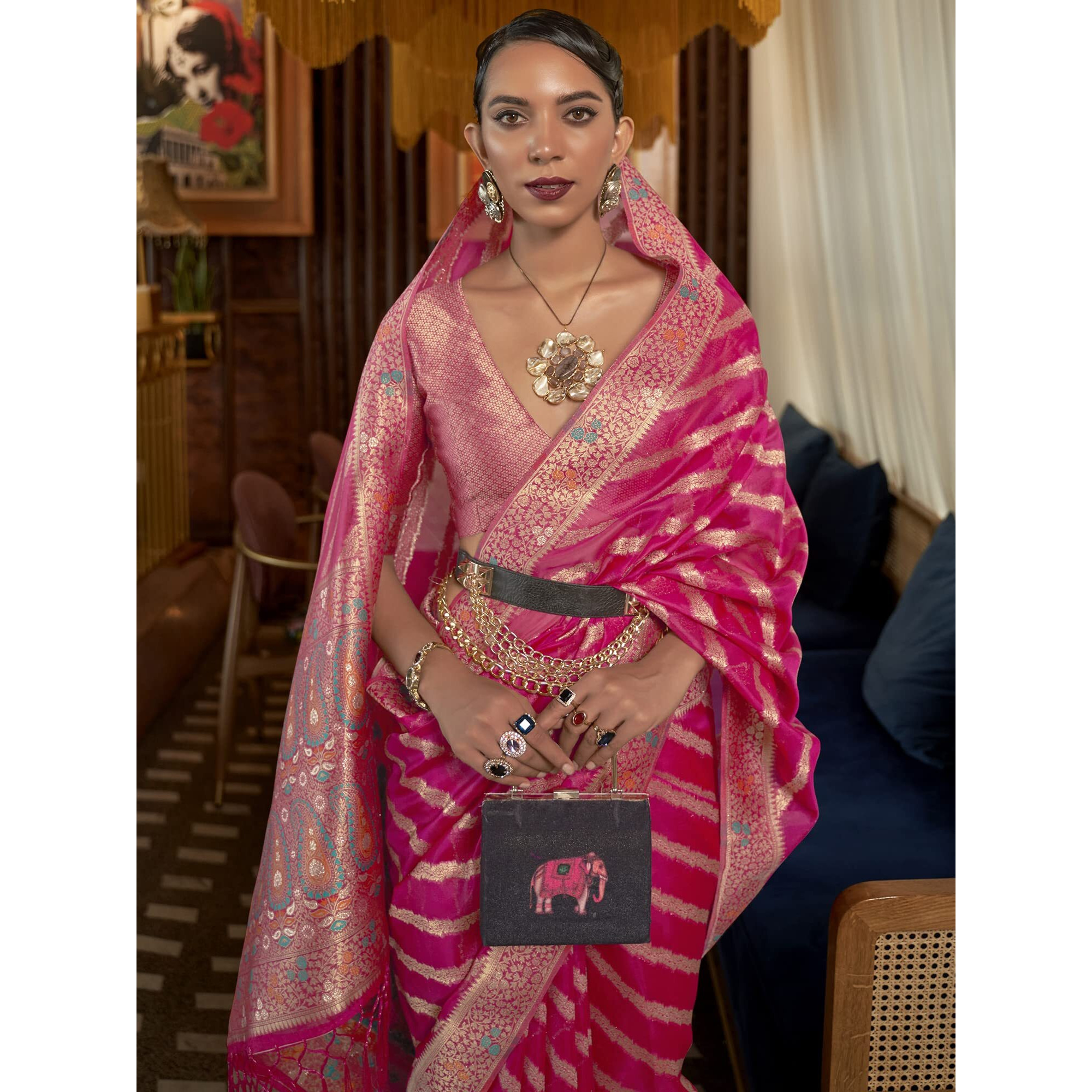 AKHILAM Womens Organza Woven Design Saree With Unstitched Blouse Piece (Pink_KAHANA279006_RJ)