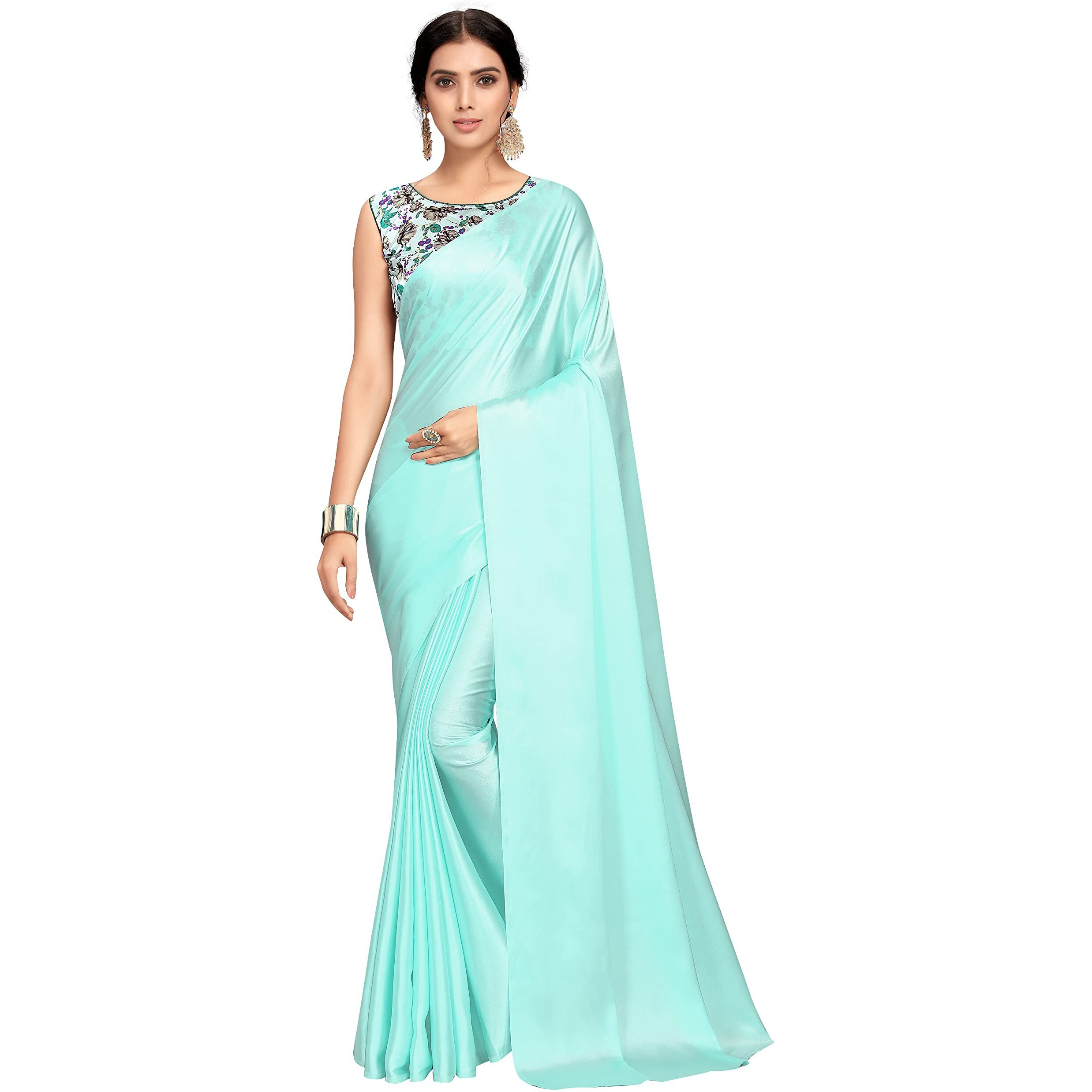 Kaugalian store Womens Solid Satin Silk Saree With Digital Printed Unstitched Blouse Piece - Light Green