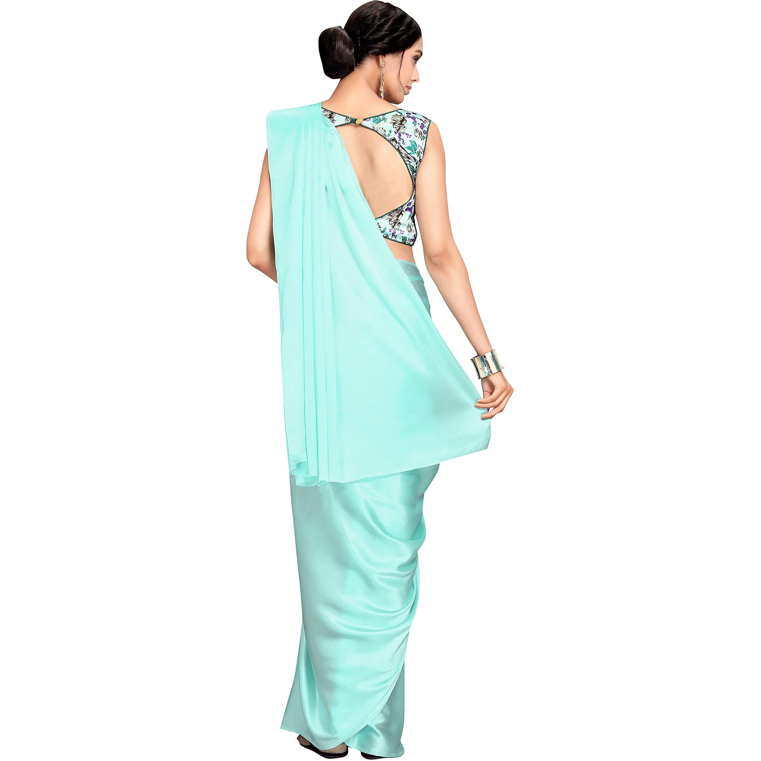 Kaugalian store Womens Solid Satin Silk Saree With Digital Printed Unstitched Blouse Piece - Light Green
