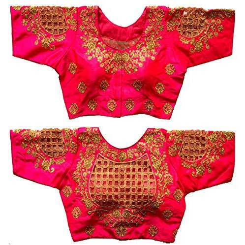 Vihu Fashion Womens Silk Floral Half Sleeve Blouse (Checks Mix_Pink_38)