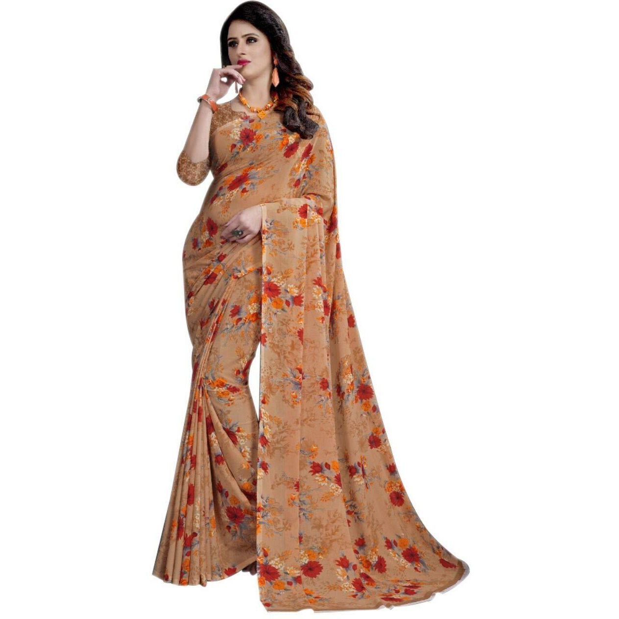 Mermaid Ocean Floral Georgette Saree with Blouse Piece (ME0212_Peach)