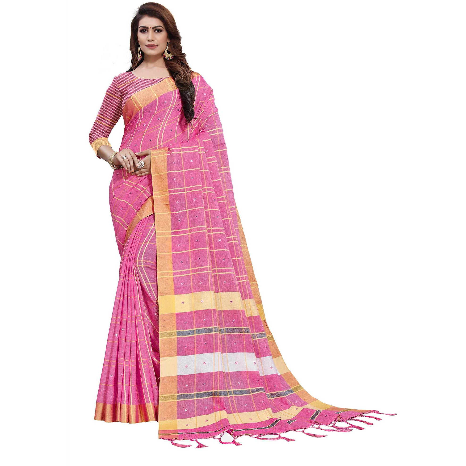AKHILAM Womens Linen Mirror Work Embellished Saree With Unstitched Blouse Piece(Pink_LCRYFC40D)