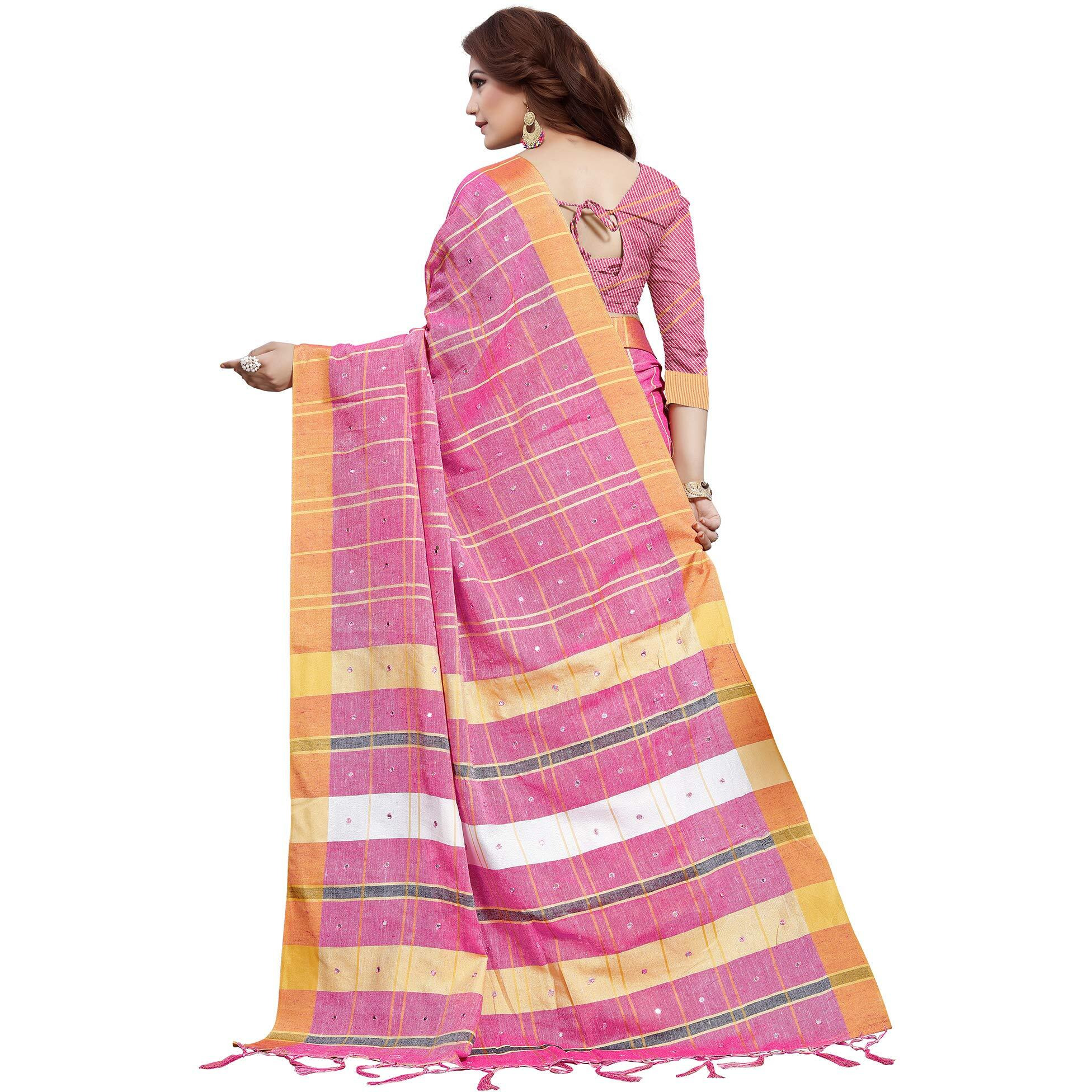 AKHILAM Womens Linen Mirror Work Embellished Saree With Unstitched Blouse Piece(Pink_LCRYFC40D)
