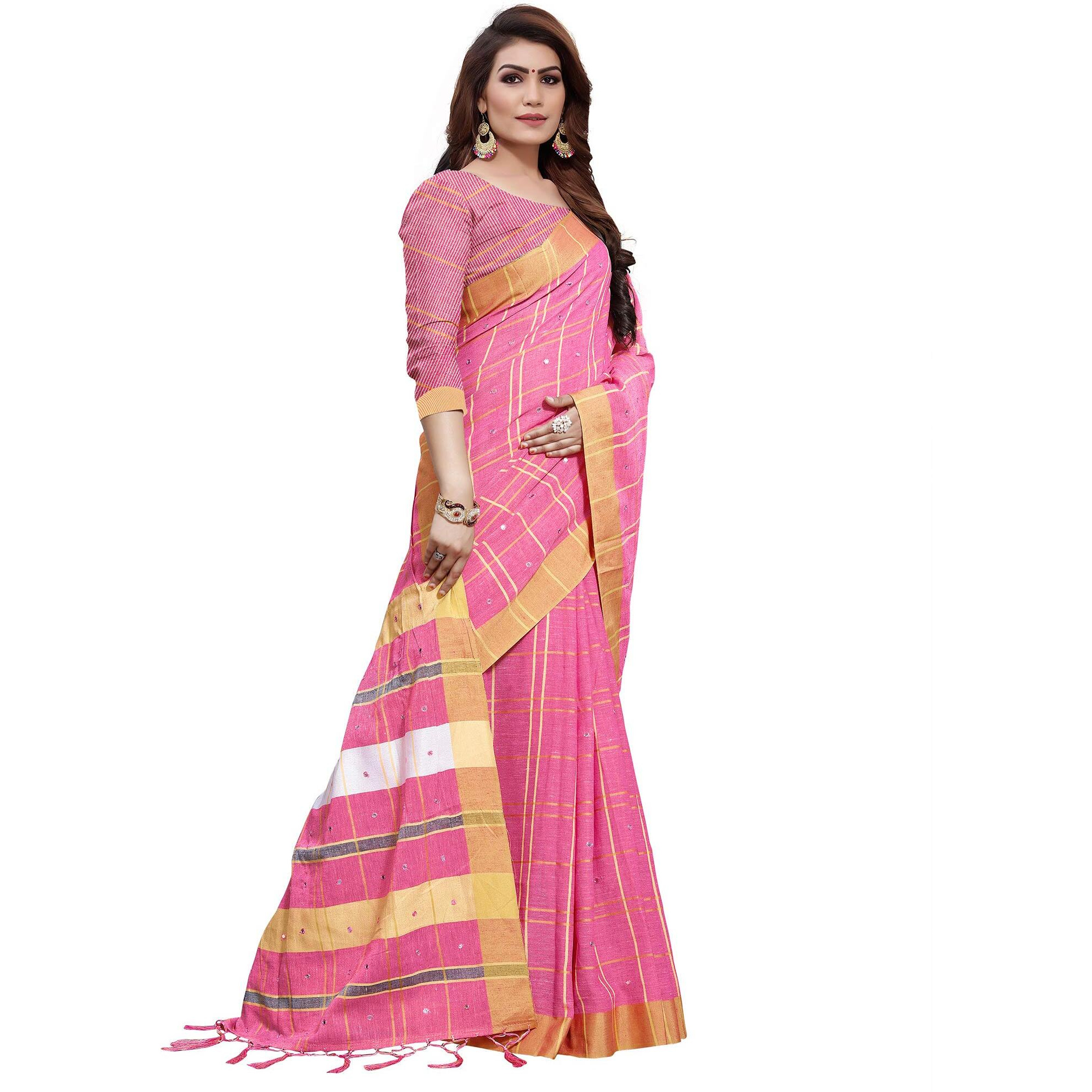 AKHILAM Womens Linen Mirror Work Embellished Saree With Unstitched Blouse Piece(Pink_LCRYFC40D)