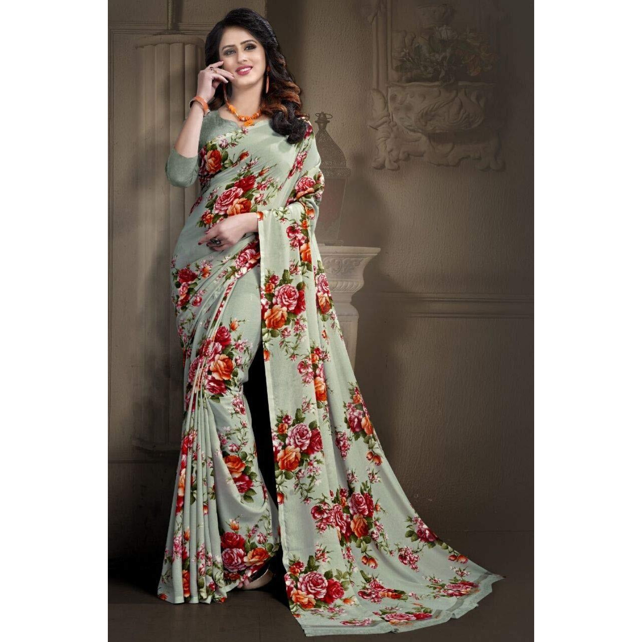 Mermaid Ocean Womens Georgette Saree With Blouse Piece (ME0213_Pista)