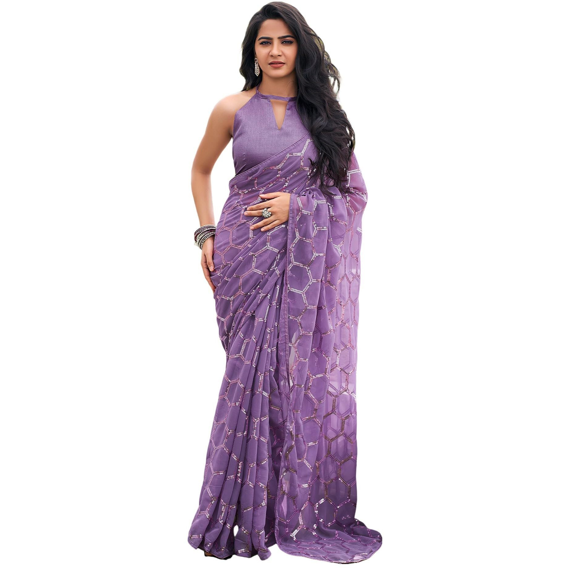 SIRIL Womens Georgette Sequence Embroidery Work Saree With Unstitched Blouse Piece (3775S106_Light Purple)