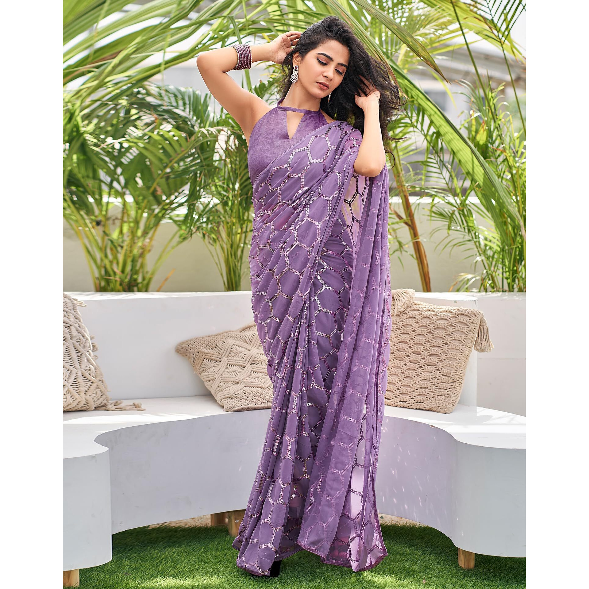 SIRIL Womens Georgette Sequence Embroidery Work Saree With Unstitched Blouse Piece (3775S106_Light Purple)