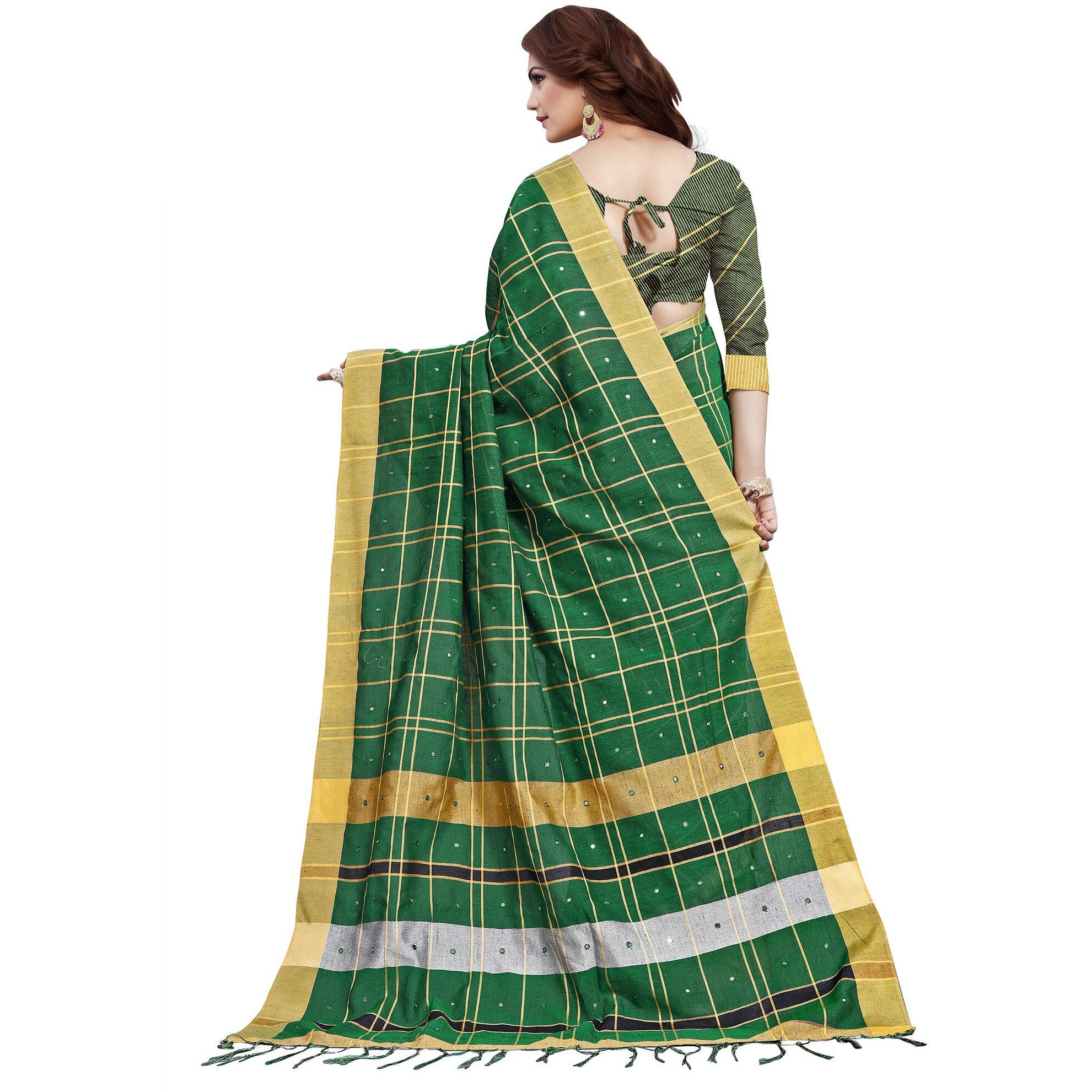 AKHILAM Womens Linen Mirror Work Embellished Saree With Unstitched Blouse Piece(Green_LCRYFC40E)