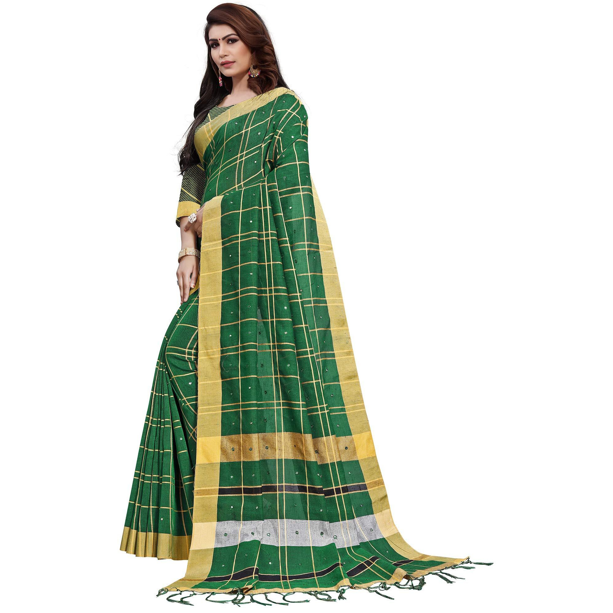 AKHILAM Womens Linen Mirror Work Embellished Saree With Unstitched Blouse Piece(Green_LCRYFC40E)