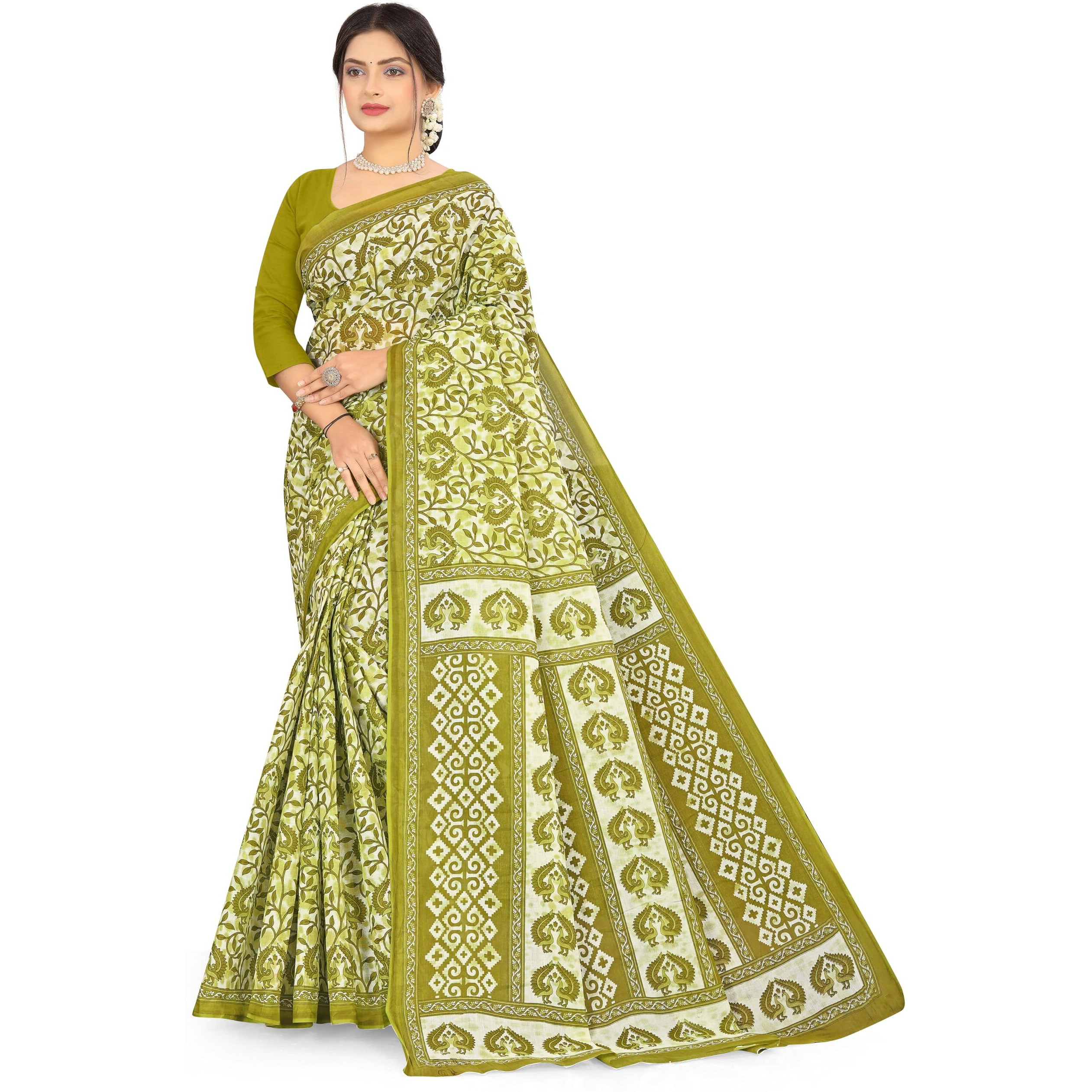 TAMAIRA FASHION Womens Plain Weave Pure Cotton Saree Without Blouse Piece(2479_Green)