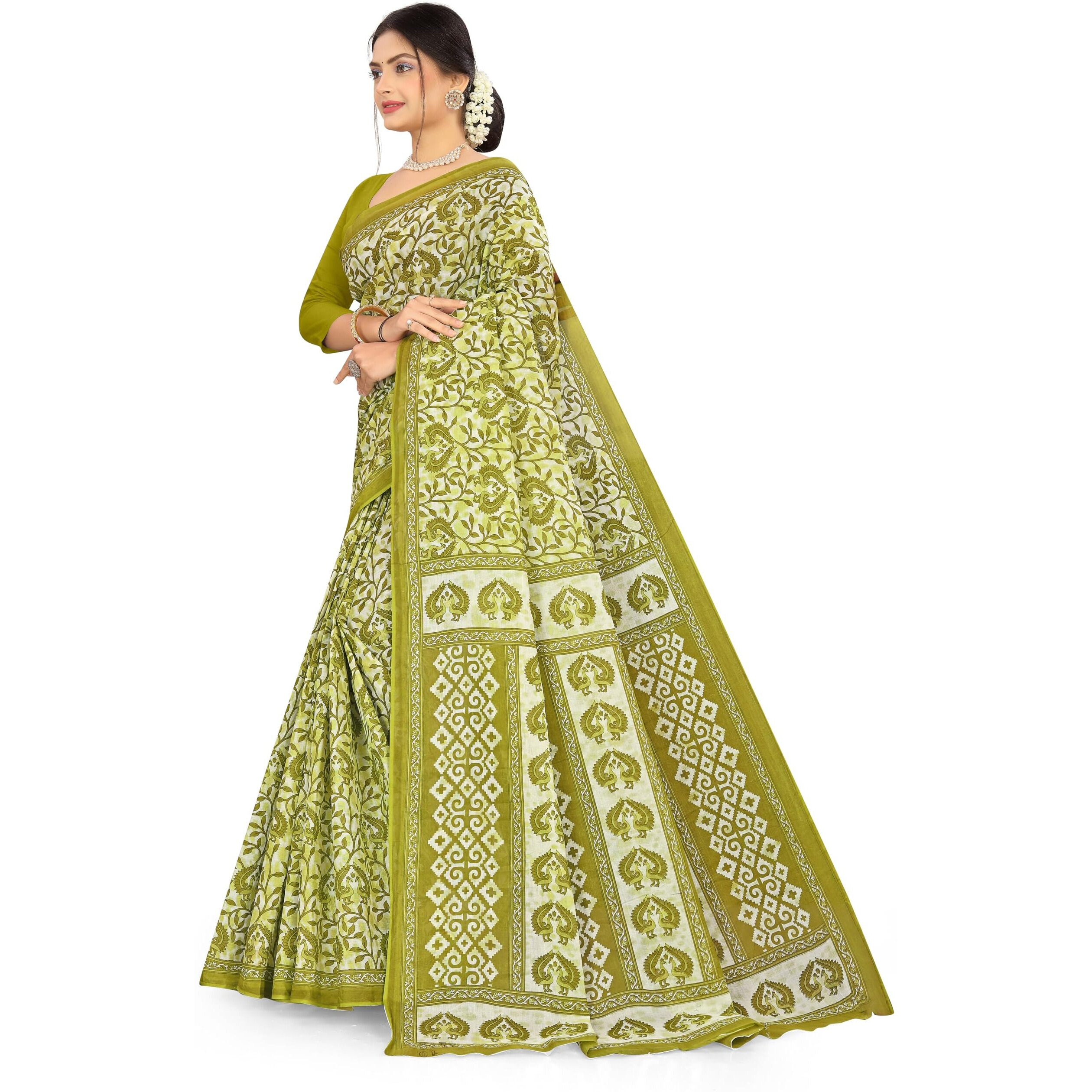 TAMAIRA FASHION Womens Plain Weave Pure Cotton Saree Without Blouse Piece(2479_Green)
