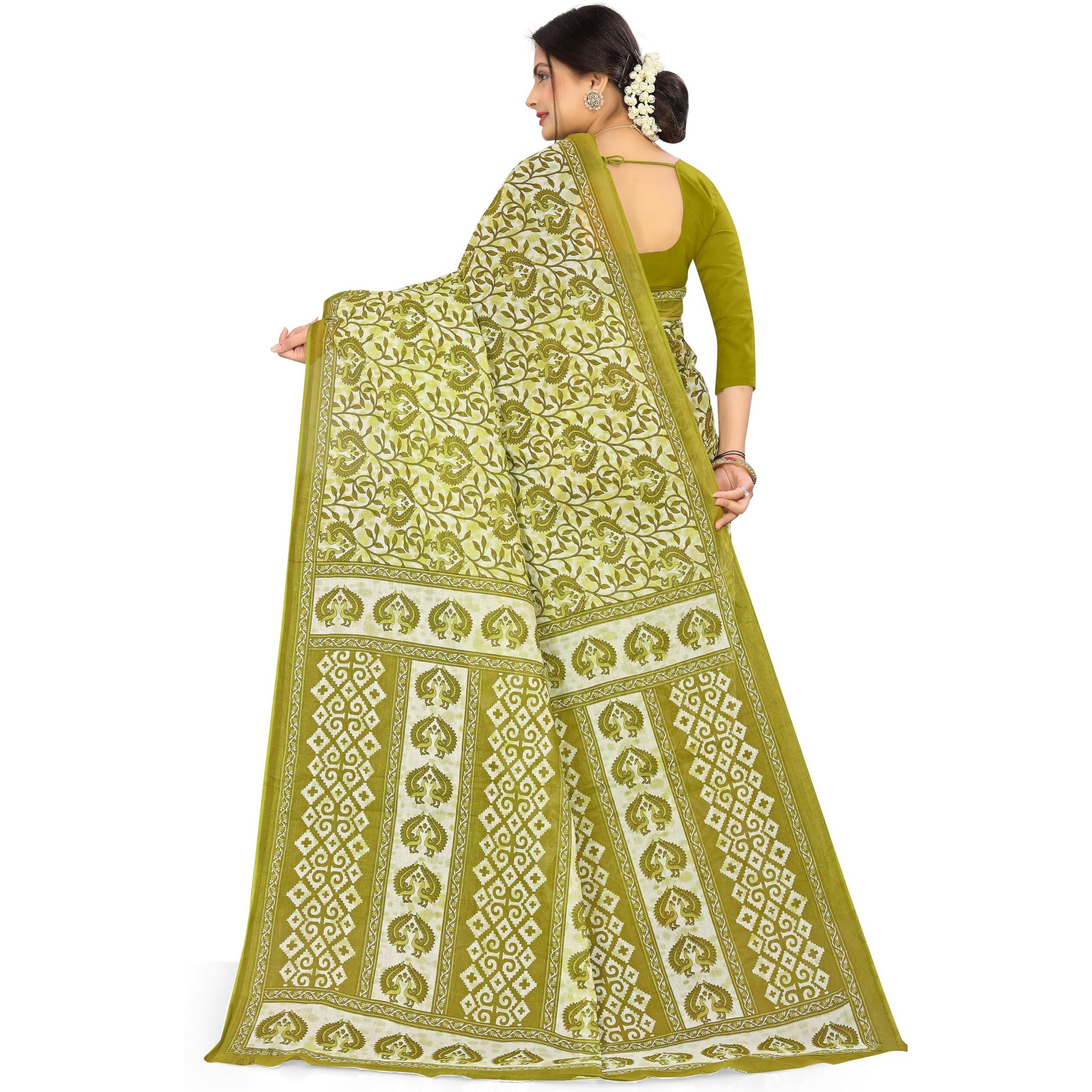 TAMAIRA FASHION Womens Plain Weave Pure Cotton Saree Without Blouse Piece(2479_Green)