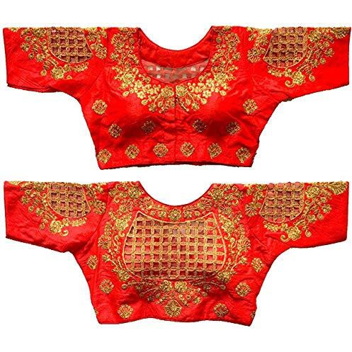 Vihu Fashion Womens Silk Floral Half Sleeve Blouse (Checks Mix_Red_38)