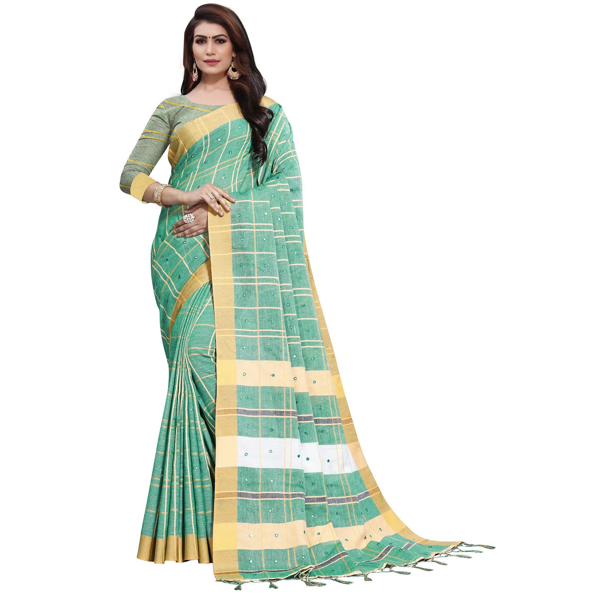 AKHILAM Womens Linen Mirror Work Embellished Saree With Unstitched Blouse Piece(Sea Green_LCRYFC40H)