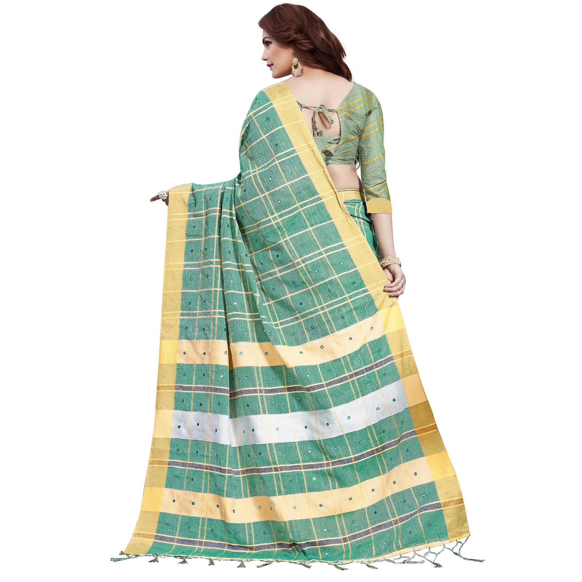 AKHILAM Womens Linen Mirror Work Embellished Saree With Unstitched Blouse Piece(Sea Green_LCRYFC40H)