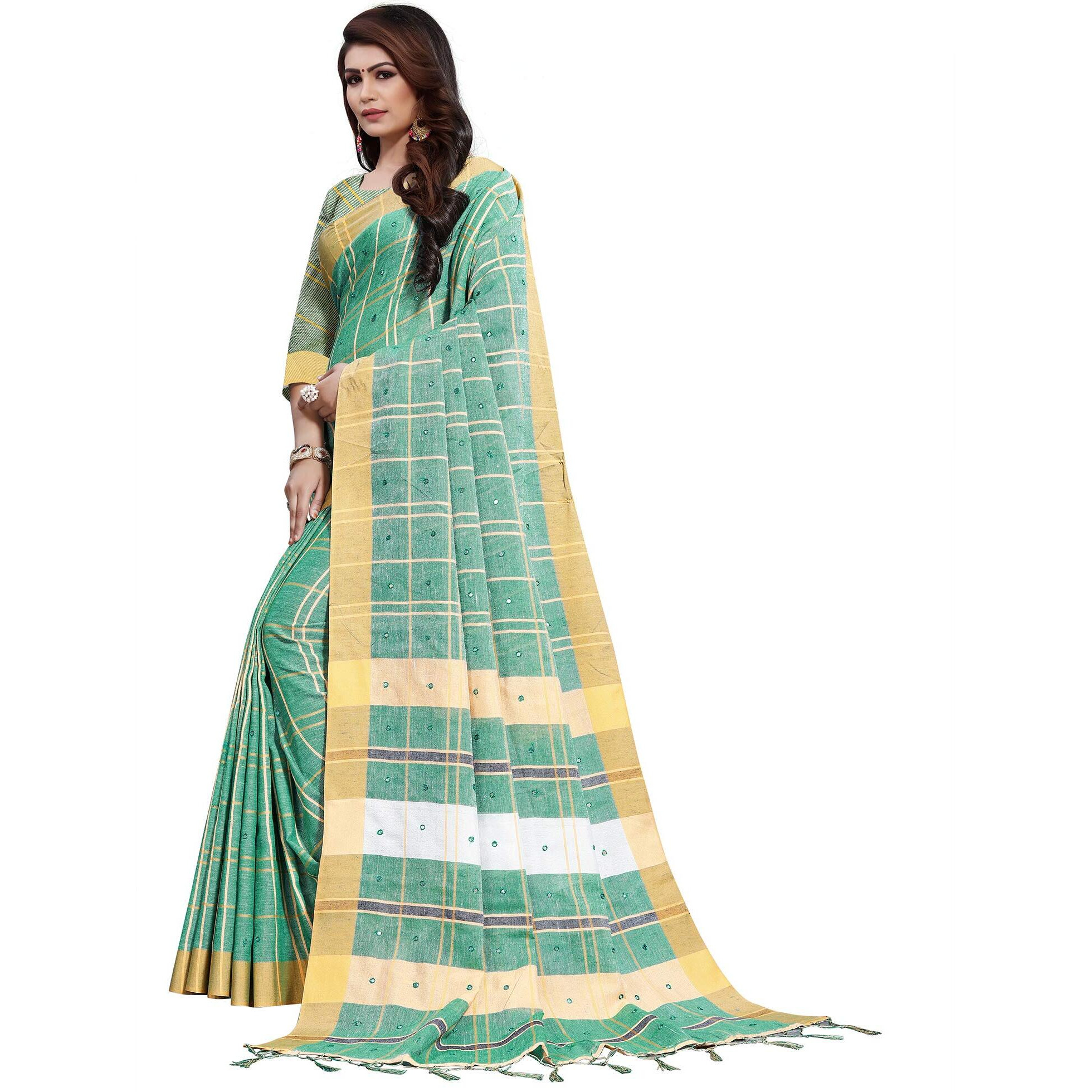 AKHILAM Womens Linen Mirror Work Embellished Saree With Unstitched Blouse Piece(Sea Green_LCRYFC40H)