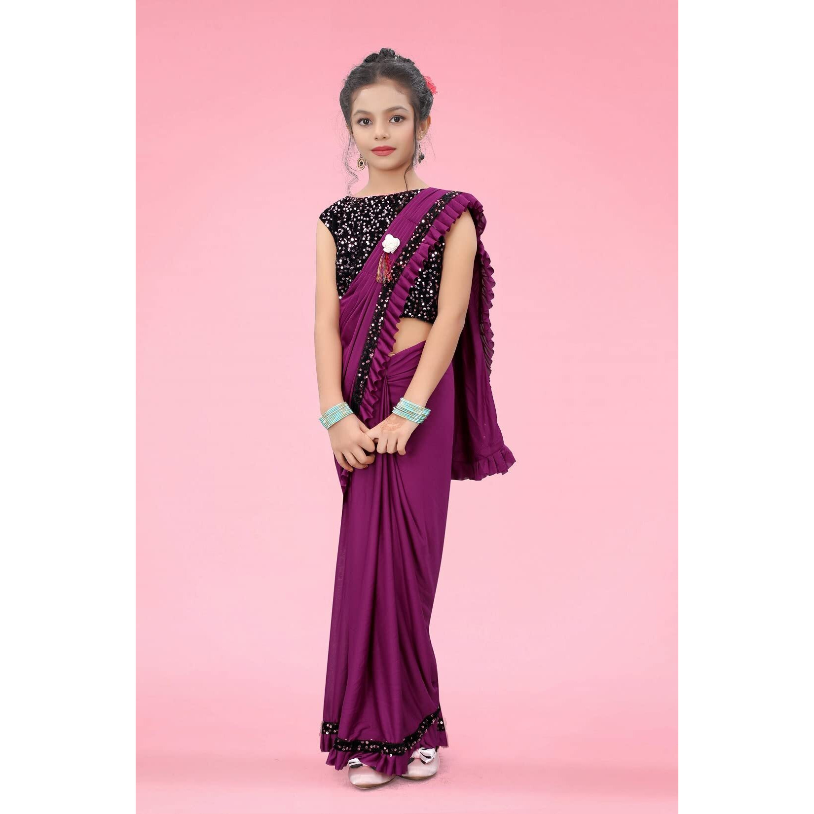 Dhyey fashion Girls Lycra Blend Ruffle Pattern Saree With Velvet Unstitched Blouse Piece