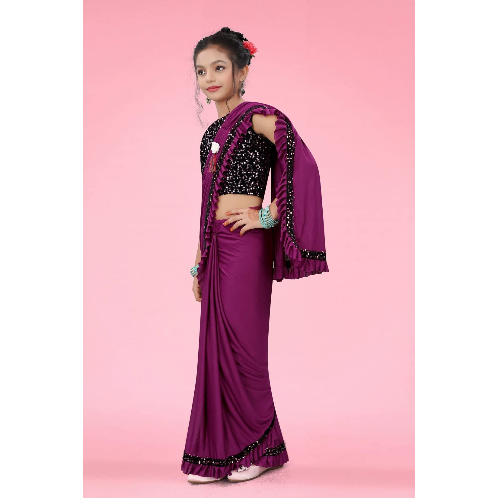 Dhyey fashion Girls Lycra Blend Ruffle Pattern Saree With Velvet Unstitched Blouse Piece