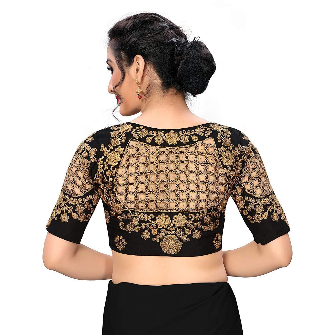 Vihu Fashion Womens Round Neck Checks Pattern Embroiderd Readymade Phantom Silk Saree Blouse (Size 38+Margin) (Black)
