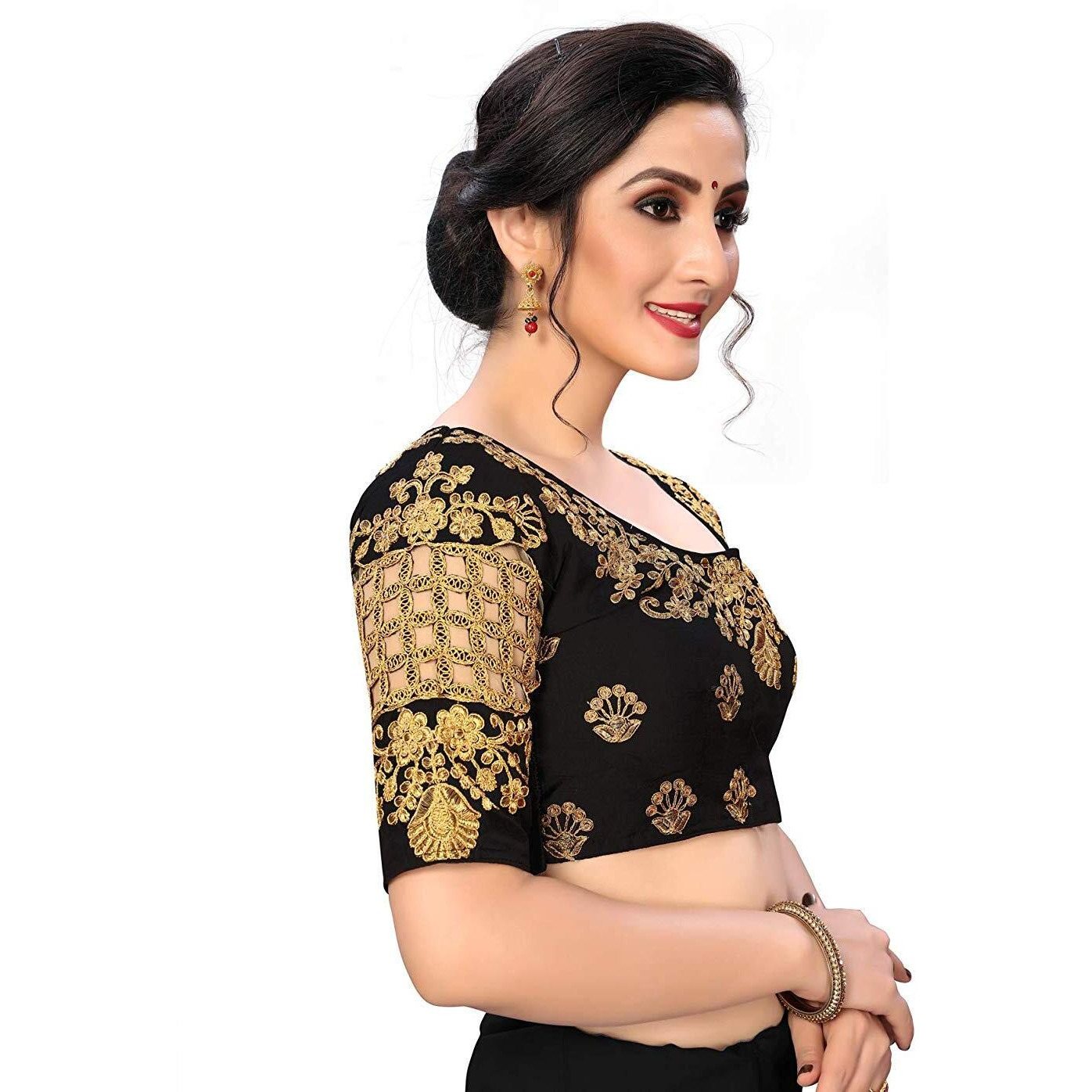 Vihu Fashion Womens Round Neck Checks Pattern Embroiderd Readymade Phantom Silk Saree Blouse (Size 38+Margin) (Black)
