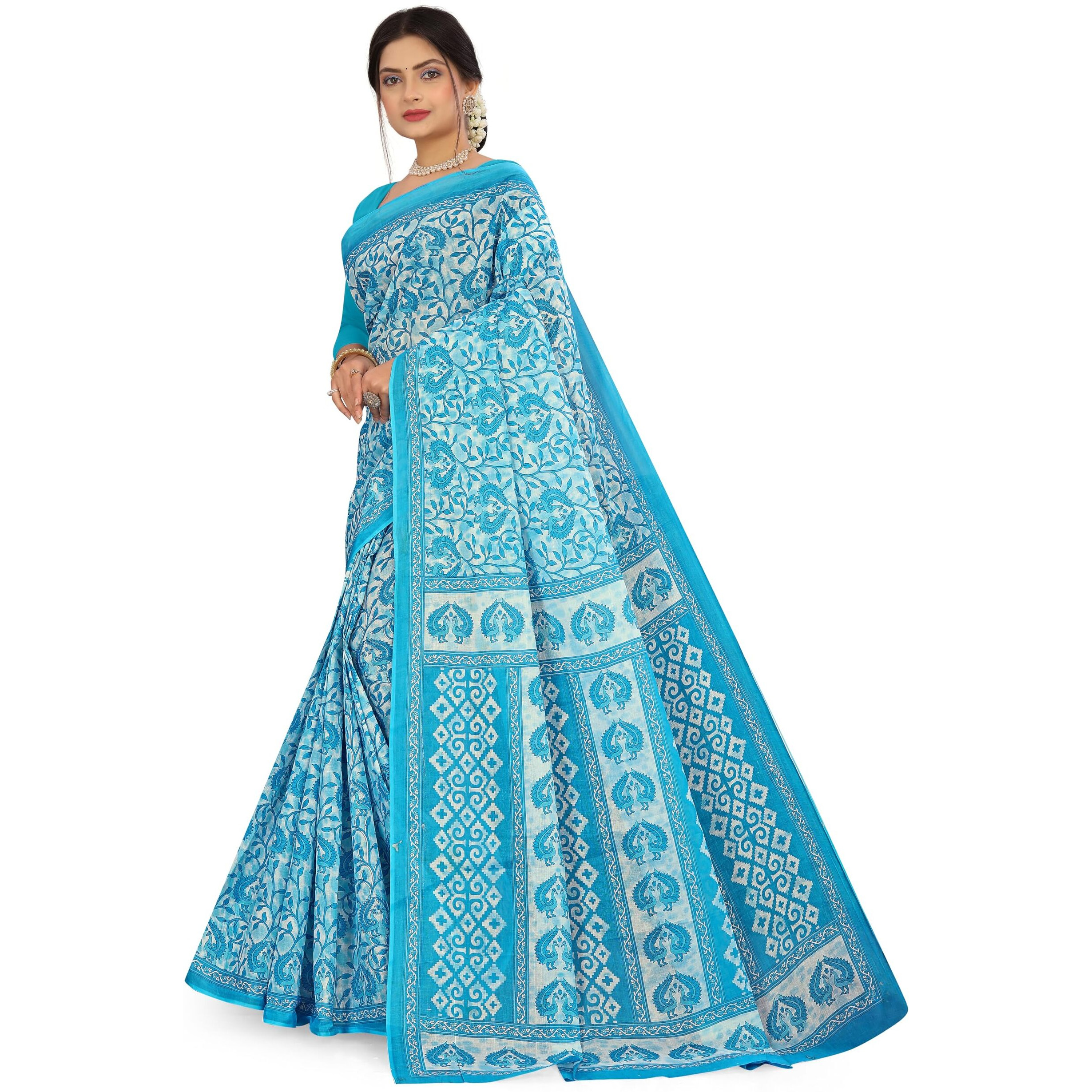 TAMAIRA FASHION Womens Plain Weave Pure Cotton Saree Without Blouse Piece(2479_Turquoise)
