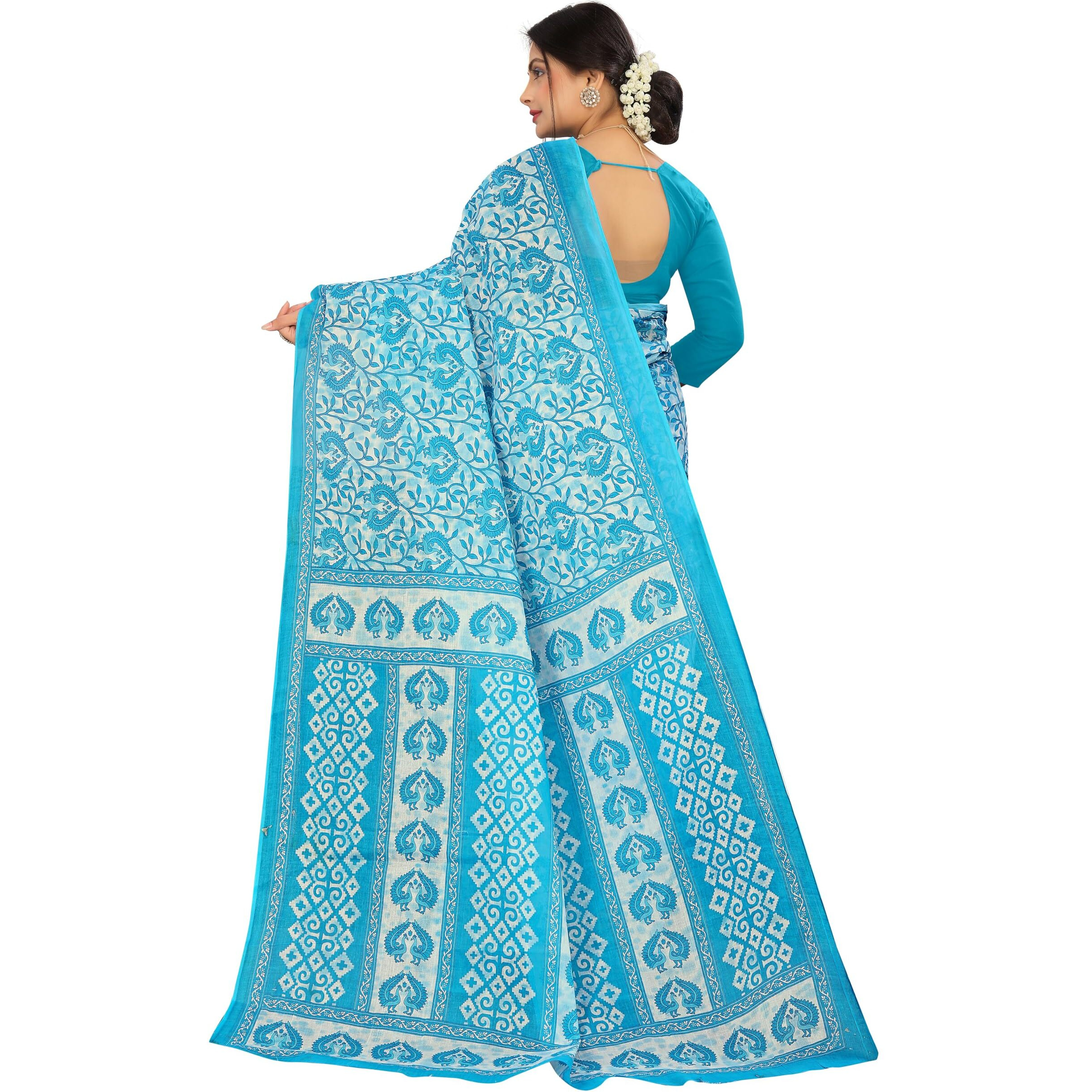 TAMAIRA FASHION Womens Plain Weave Pure Cotton Saree Without Blouse Piece(2479_Turquoise)