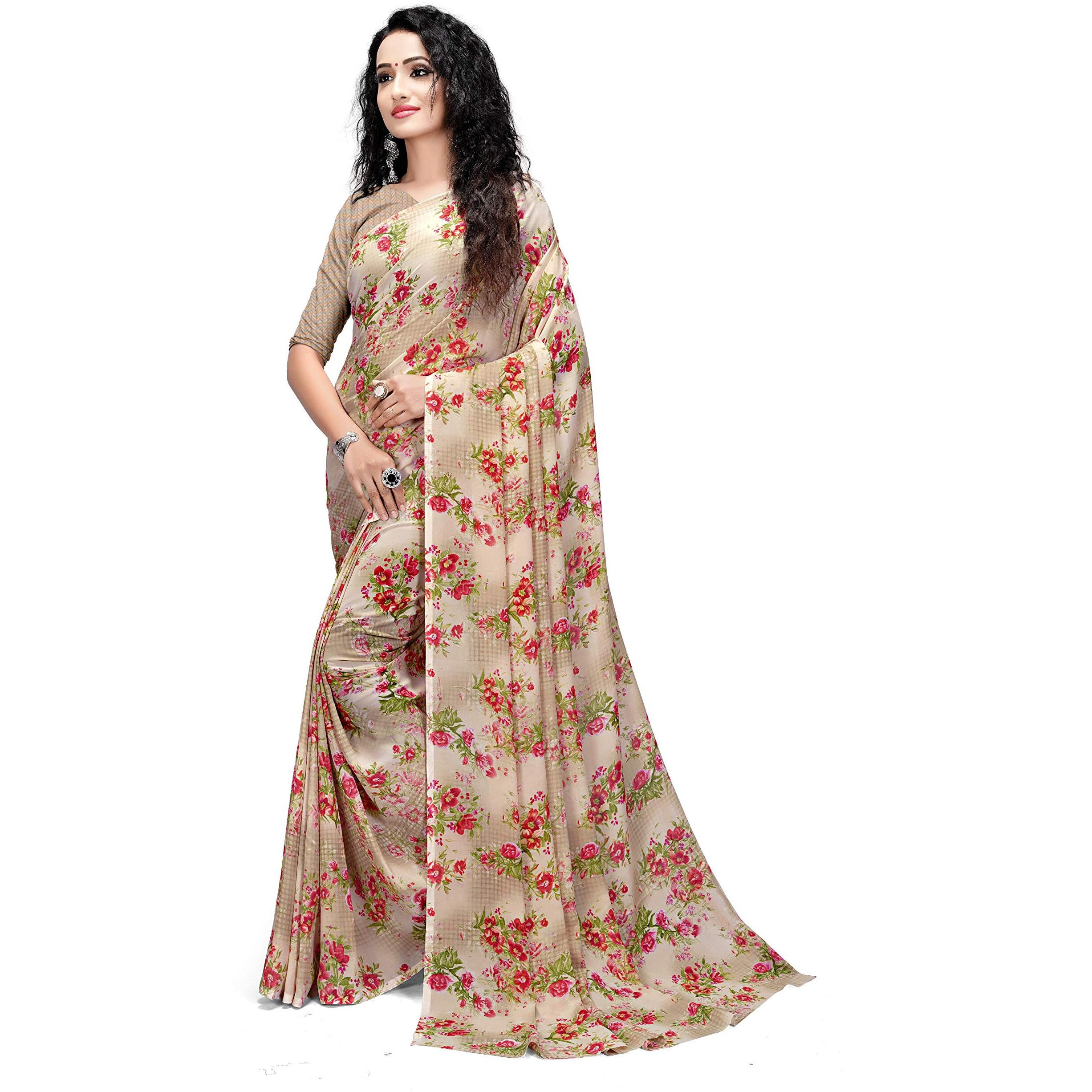 Mermaid Ocean Floral Georgette Saree with Blouse Piece (ME0273_Light Brown)