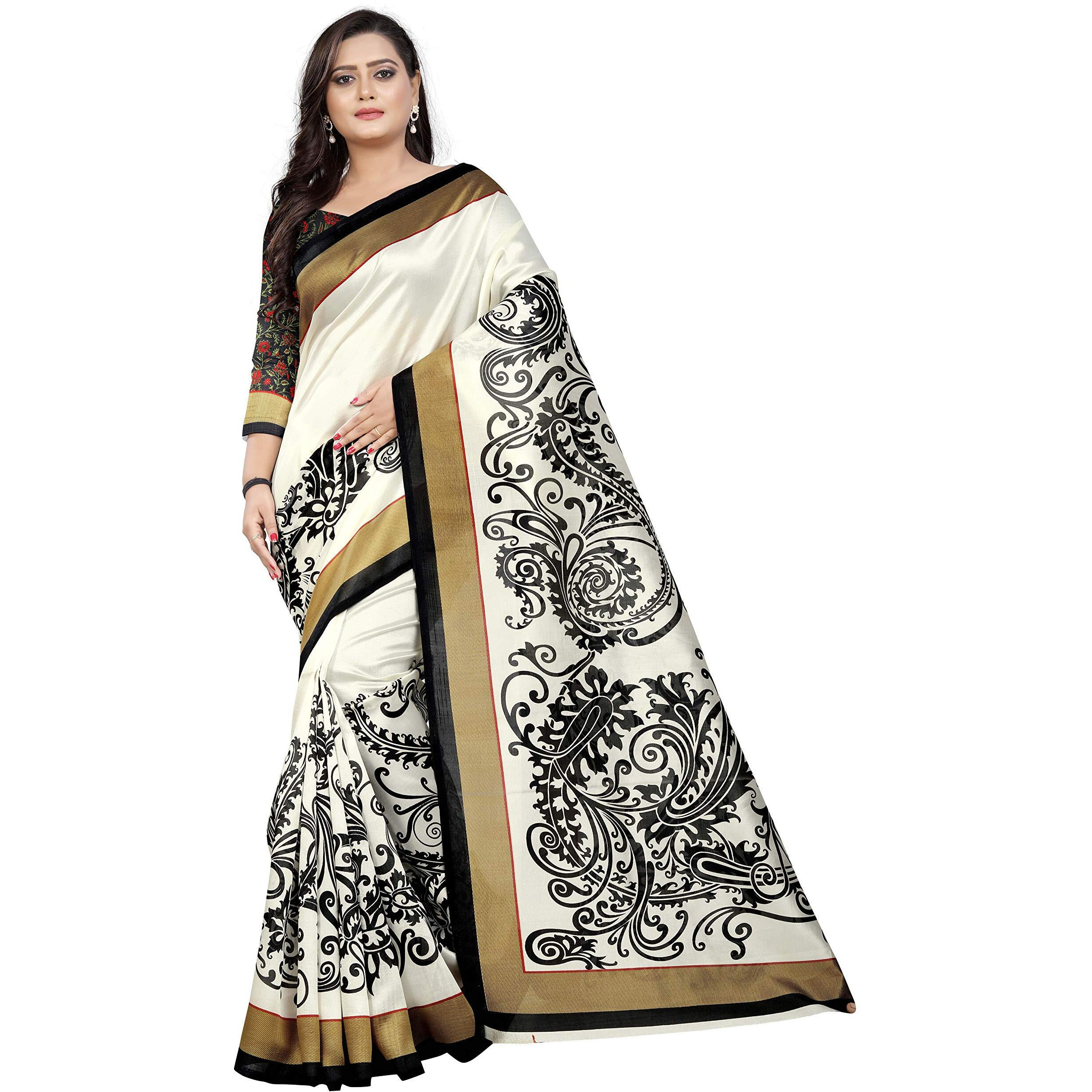 Jaanvi fashion Womens Khadi Silk Elephant Kalamkari Printed Saree (White_Free_Size)