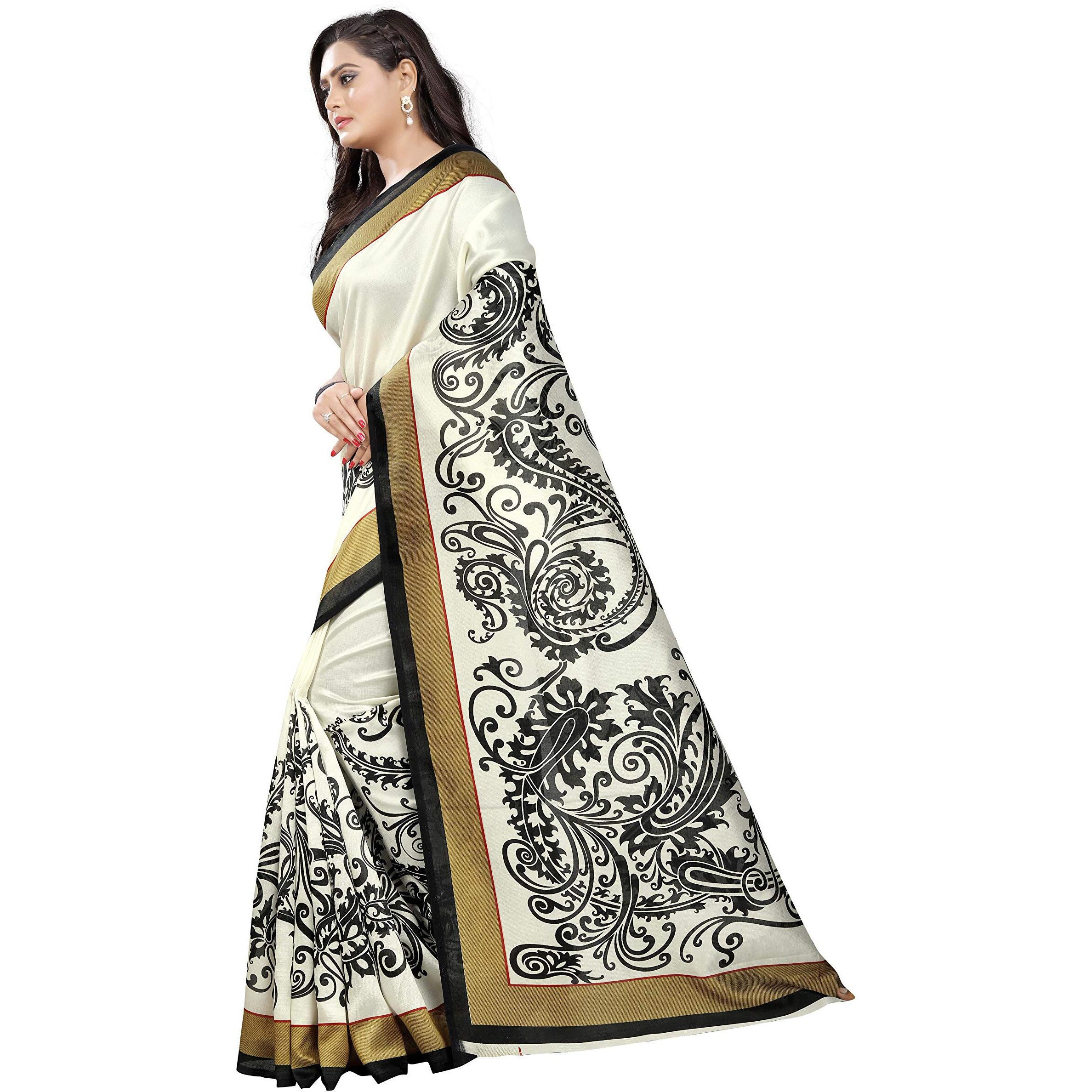 Jaanvi fashion Womens Khadi Silk Elephant Kalamkari Printed Saree (White_Free_Size)