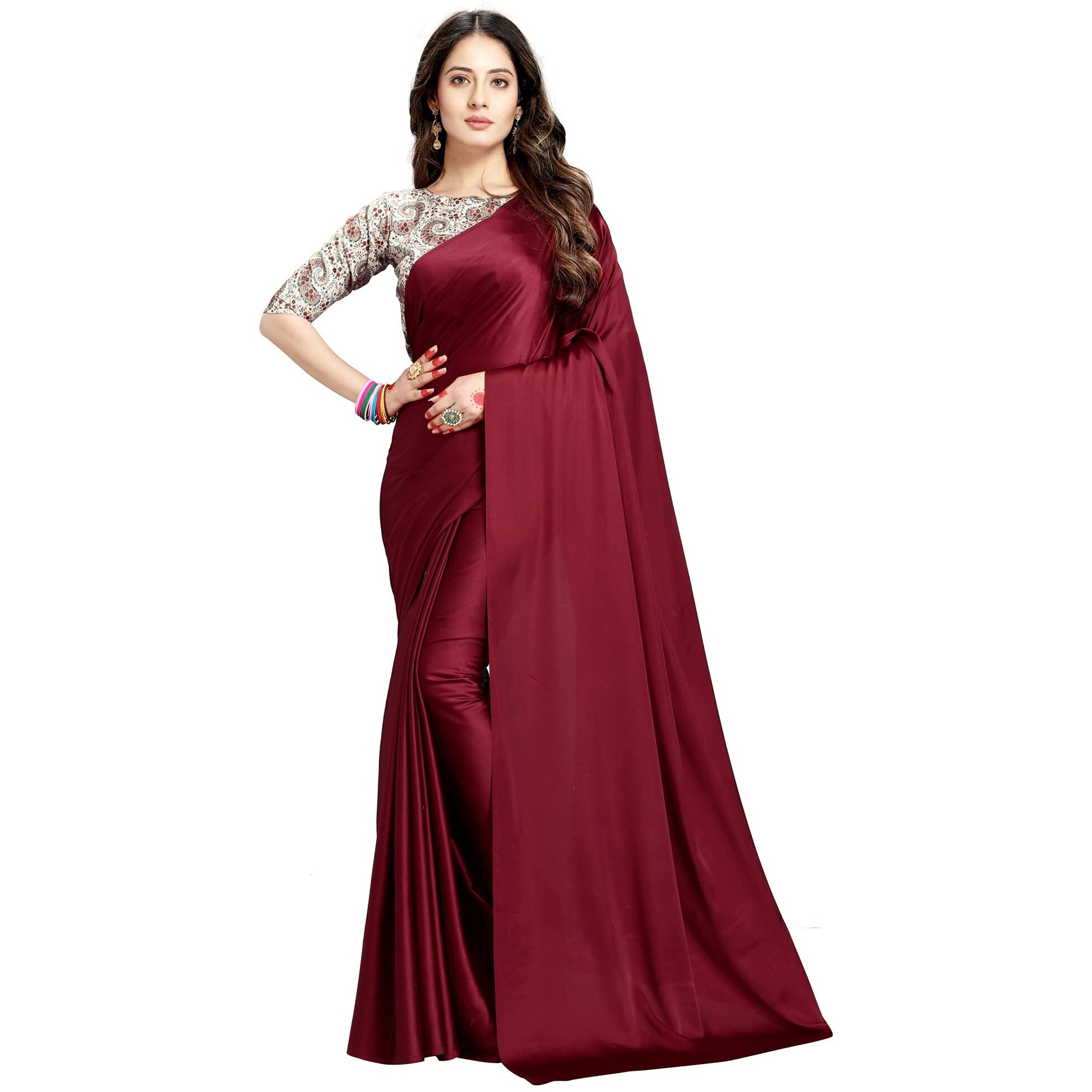 DHYANOM womens Soft Maroon Satin Silk Plain Saree with Art Silk Digital Printed Unstiched Designer Blouse