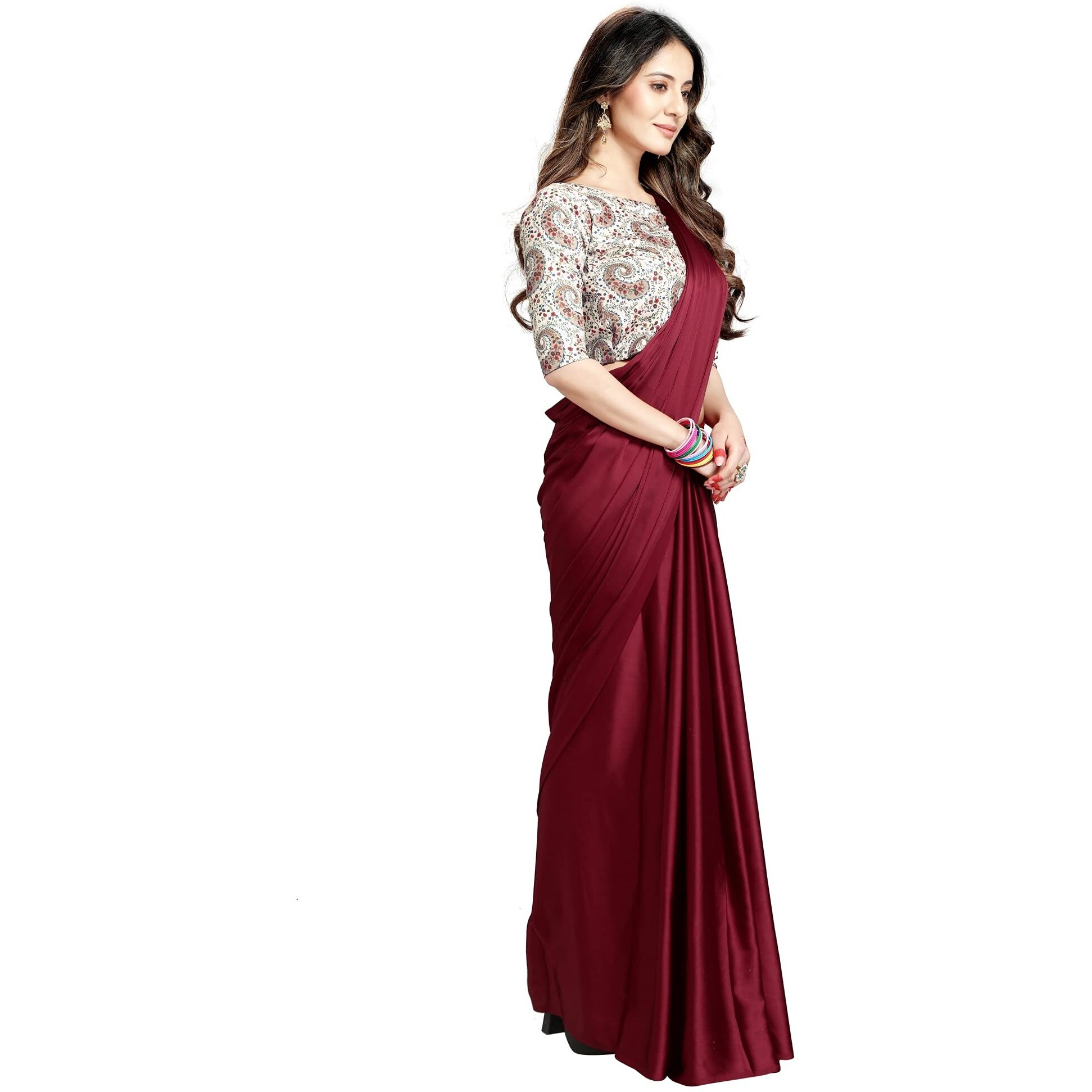 DHYANOM womens Soft Maroon Satin Silk Plain Saree with Art Silk Digital Printed Unstiched Designer Blouse