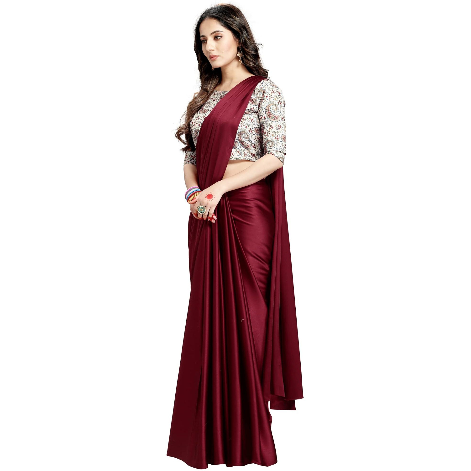 DHYANOM womens Soft Maroon Satin Silk Plain Saree with Art Silk Digital Printed Unstiched Designer Blouse