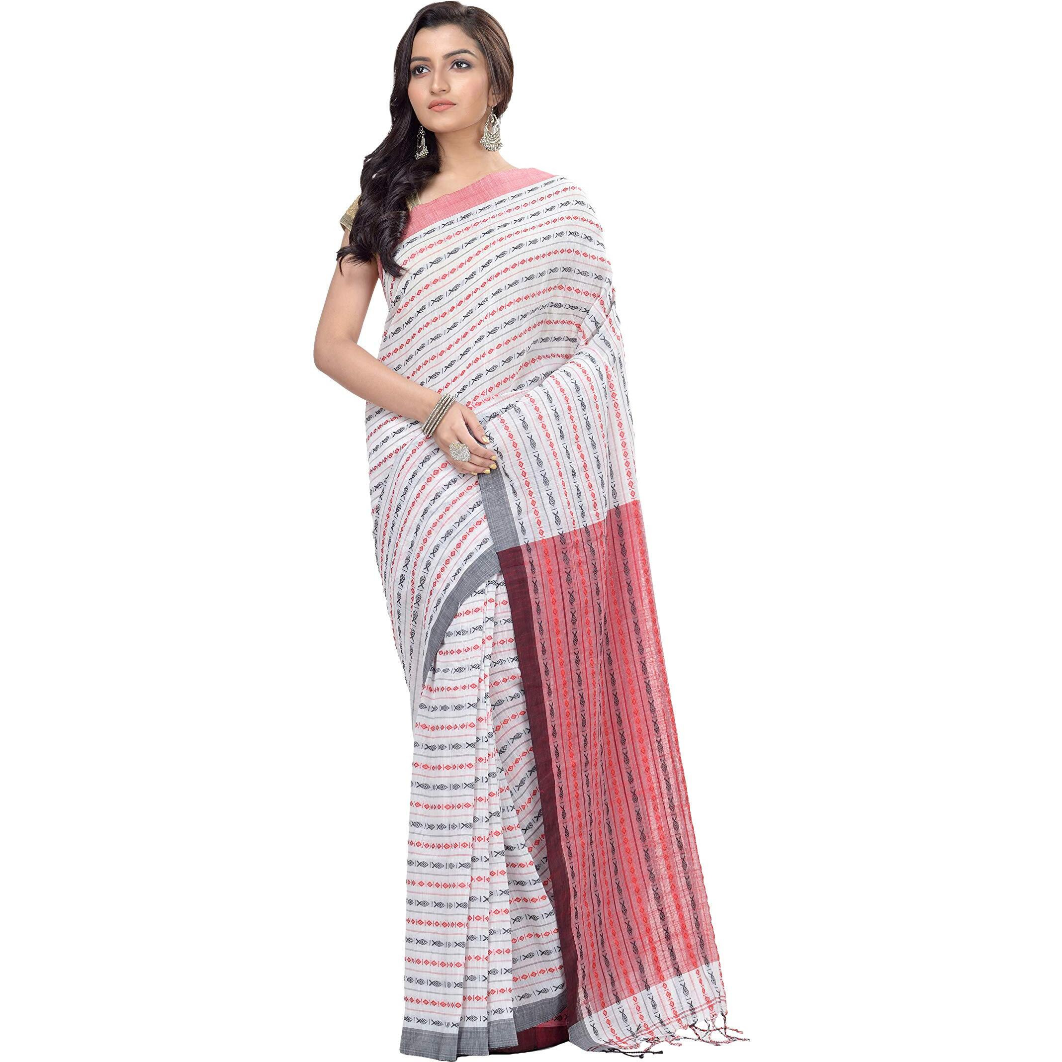 T.J. SAREES Khadi Cotton Fish Motive Sarees for Women Traditional Bengali Sarees for Women Authentic Handloom Sarees for Women, Elegant Indian Wear (White And Red, Pack Of 1)