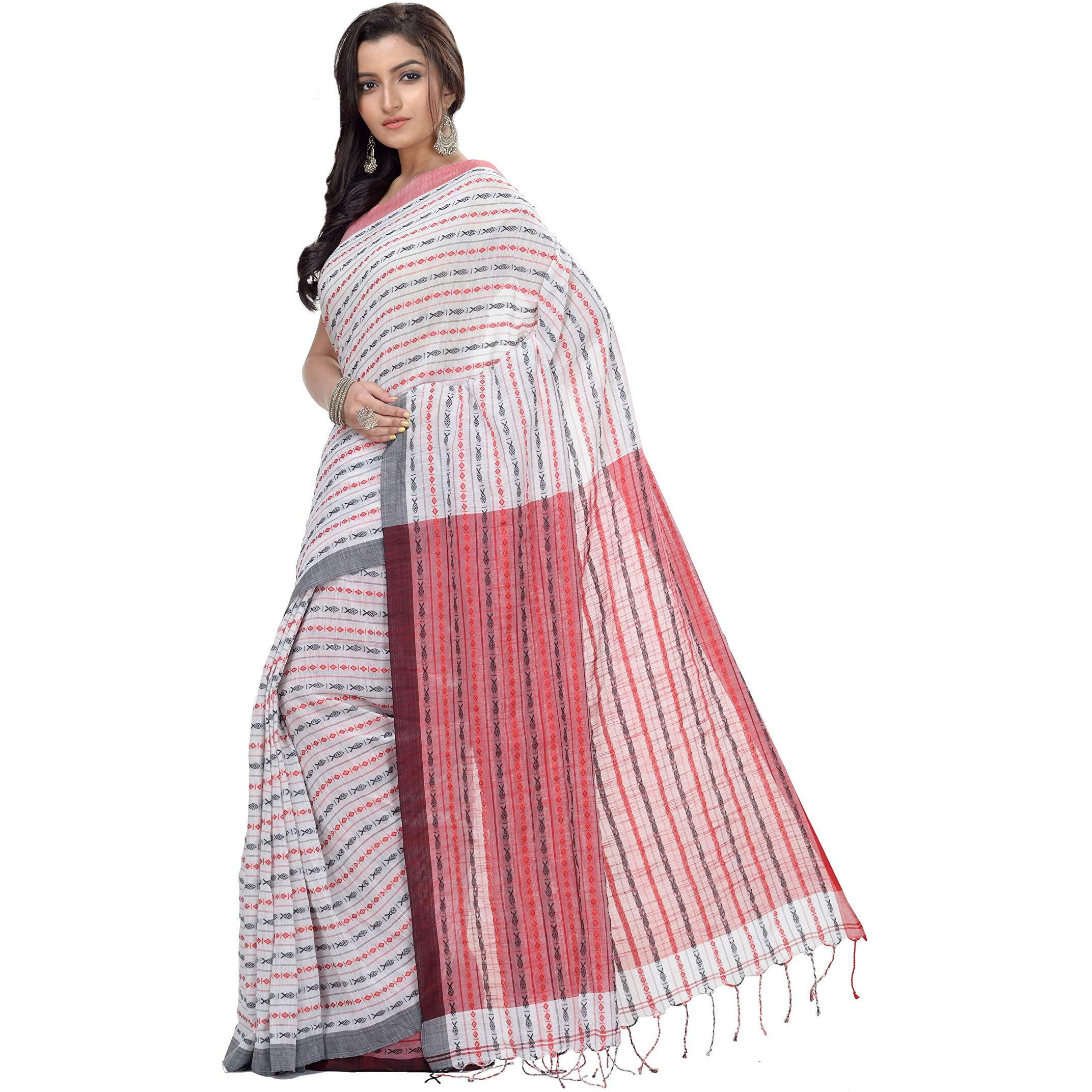 T.J. SAREES Khadi Cotton Fish Motive Sarees for Women Traditional Bengali Sarees for Women Authentic Handloom Sarees for Women, Elegant Indian Wear (White And Red, Pack Of 1)